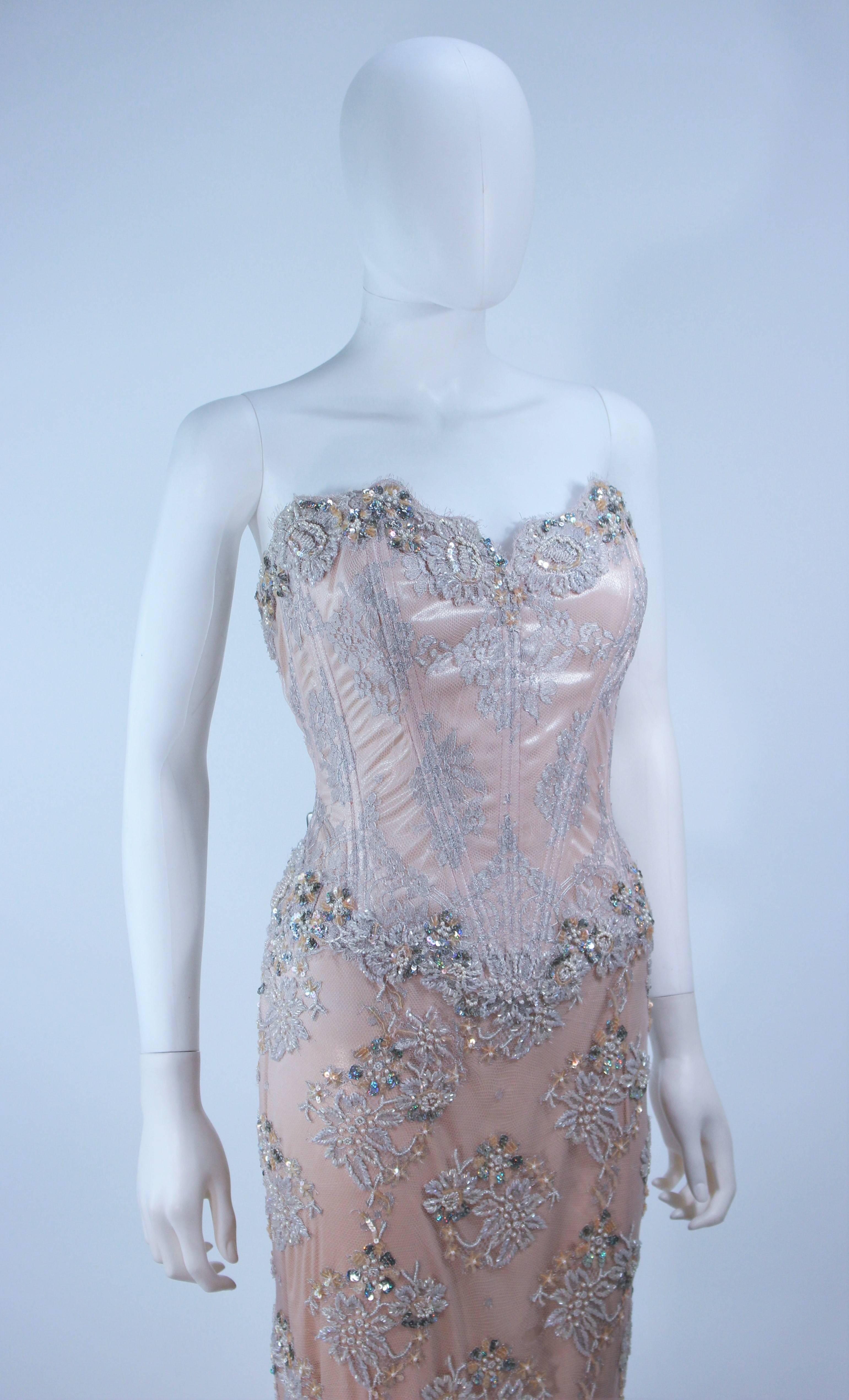 VICKY TIEL Blush Beaded Lace Corset Gown Size 6 In Excellent Condition For Sale In Los Angeles, CA
