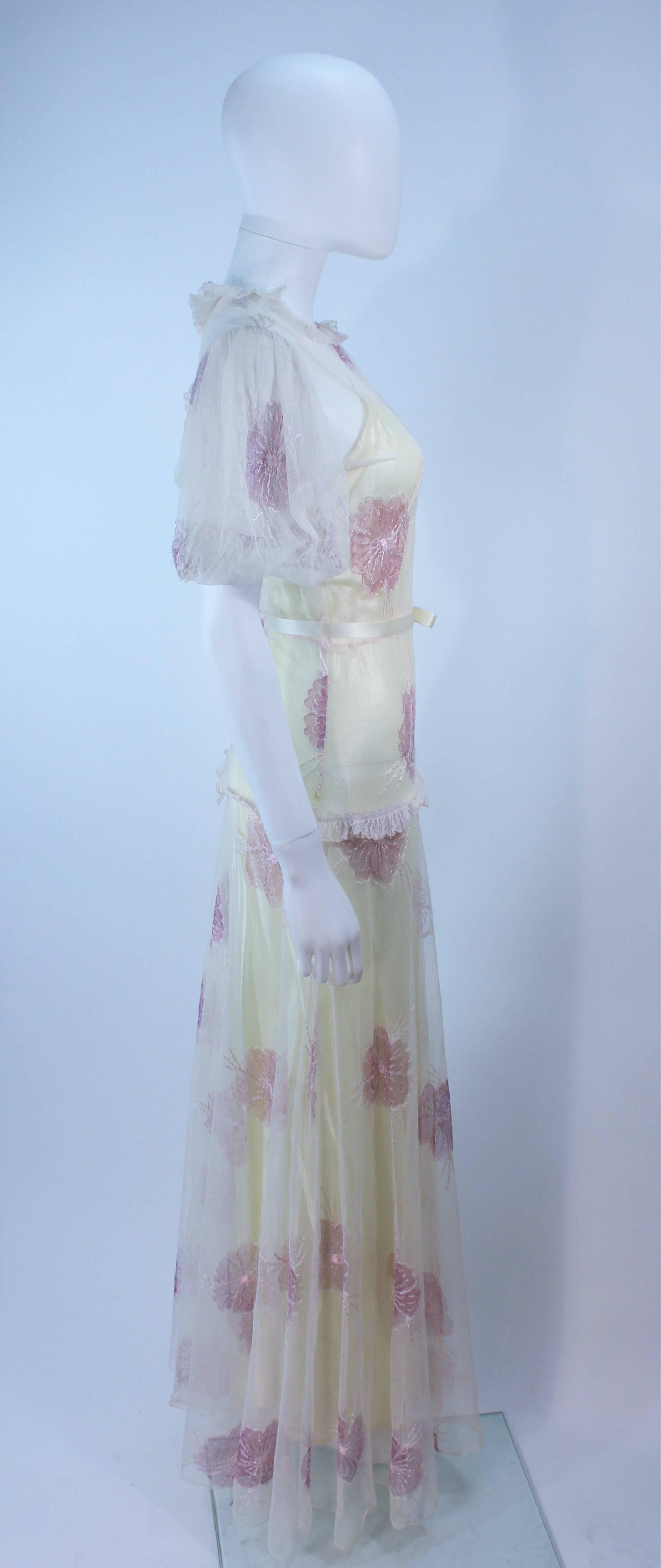 Vintage 1930's Yellow Satin Gown and Sheer Floral Overlay Size 0 2 In Excellent Condition For Sale In Los Angeles, CA