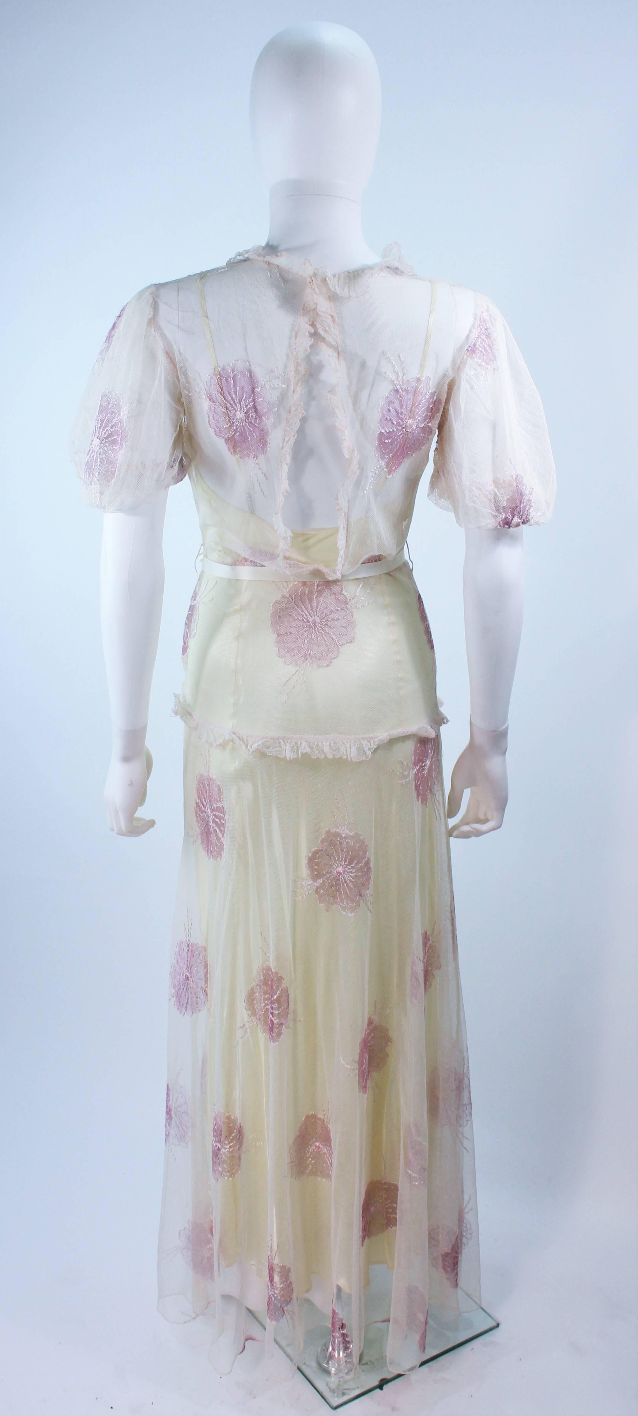 Vintage 1930's Yellow Satin Gown and Sheer Floral Overlay Size 0 2 For Sale 1