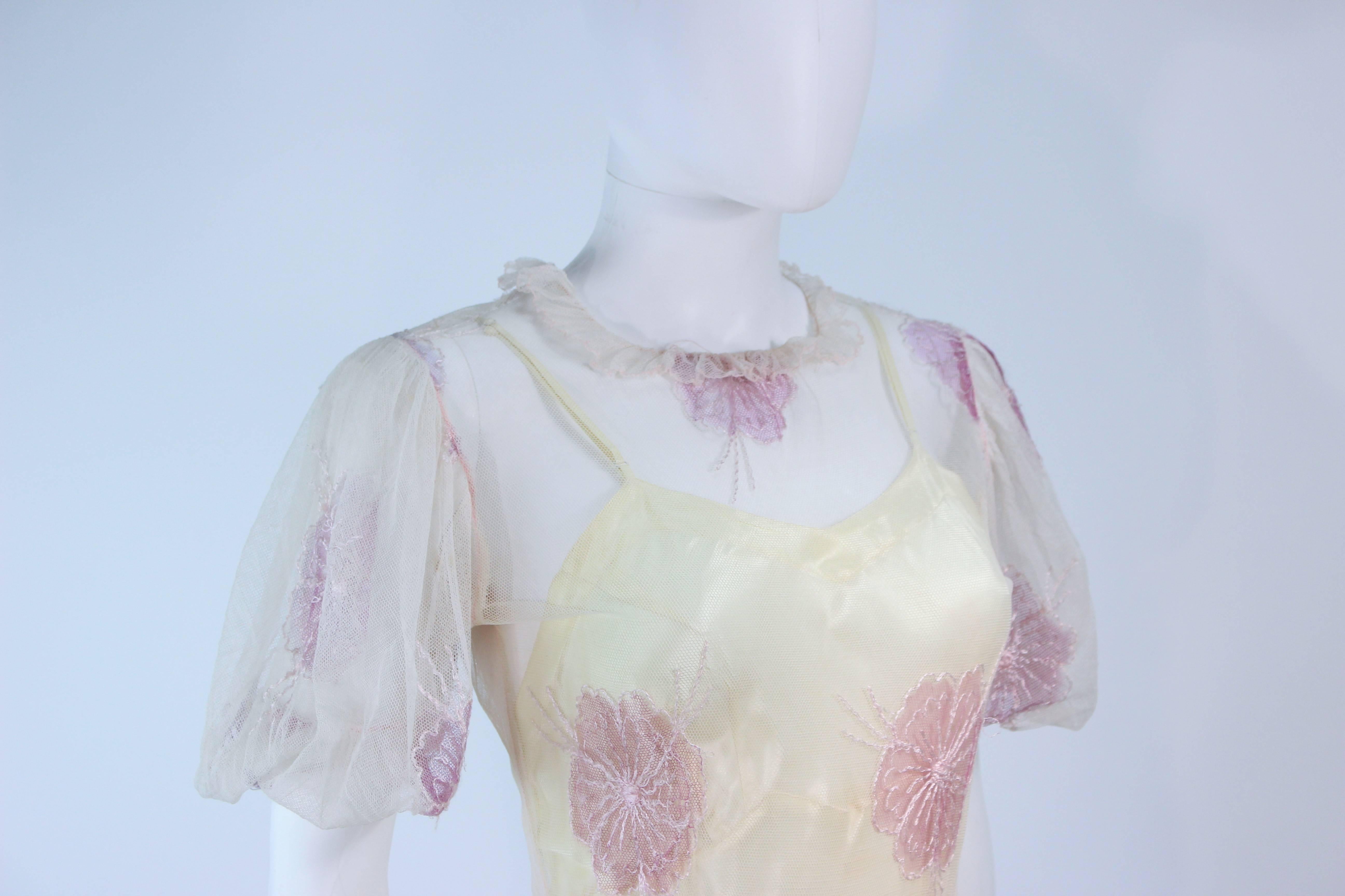 Gray Vintage 1930's Yellow Satin Gown and Sheer Floral Overlay Size 0 2 For Sale