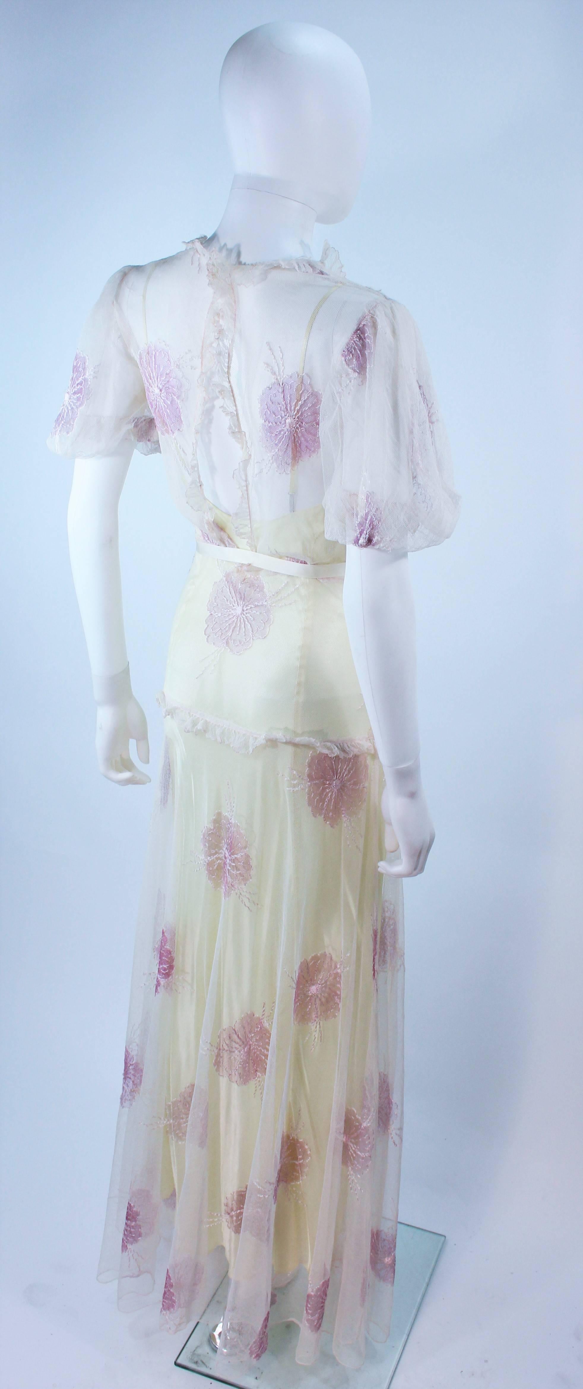 Women's Vintage 1930's Yellow Satin Gown and Sheer Floral Overlay Size 0 2 For Sale