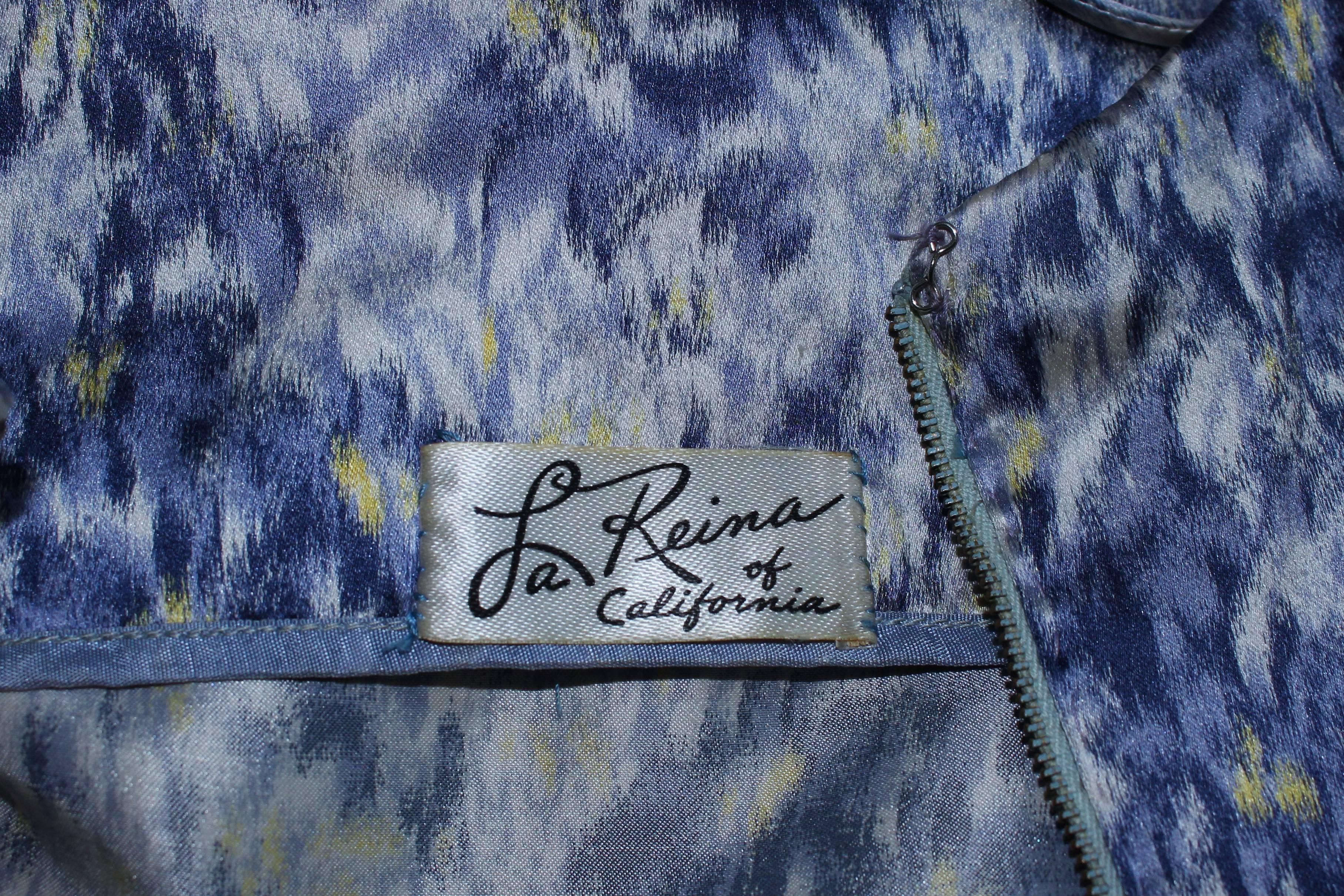 LA REINA 1950'S Blue White & Yellow Patterned Silk with Bow Tie Size 6 8 For Sale 4