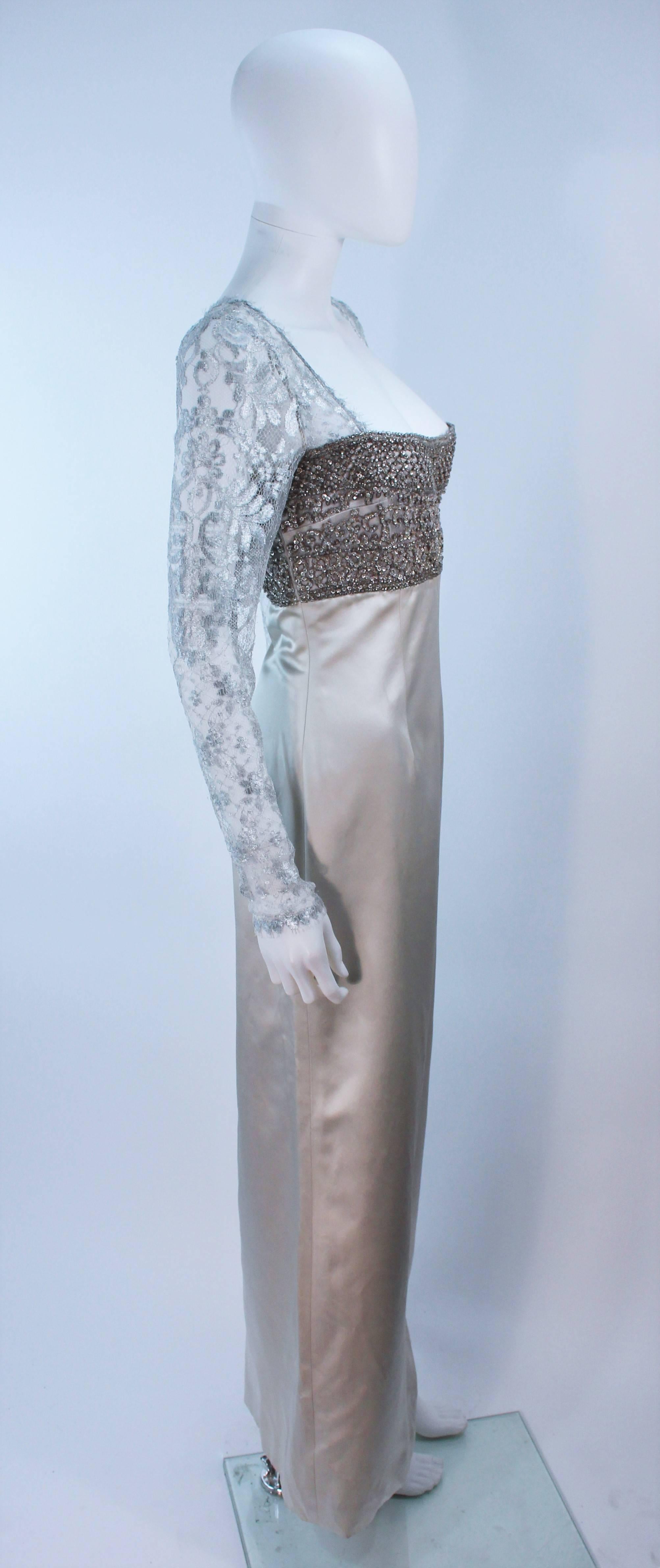 Women's BADGLEY MISCHKA Silver Beaded Lace and Satin Gown Size 10 For Sale