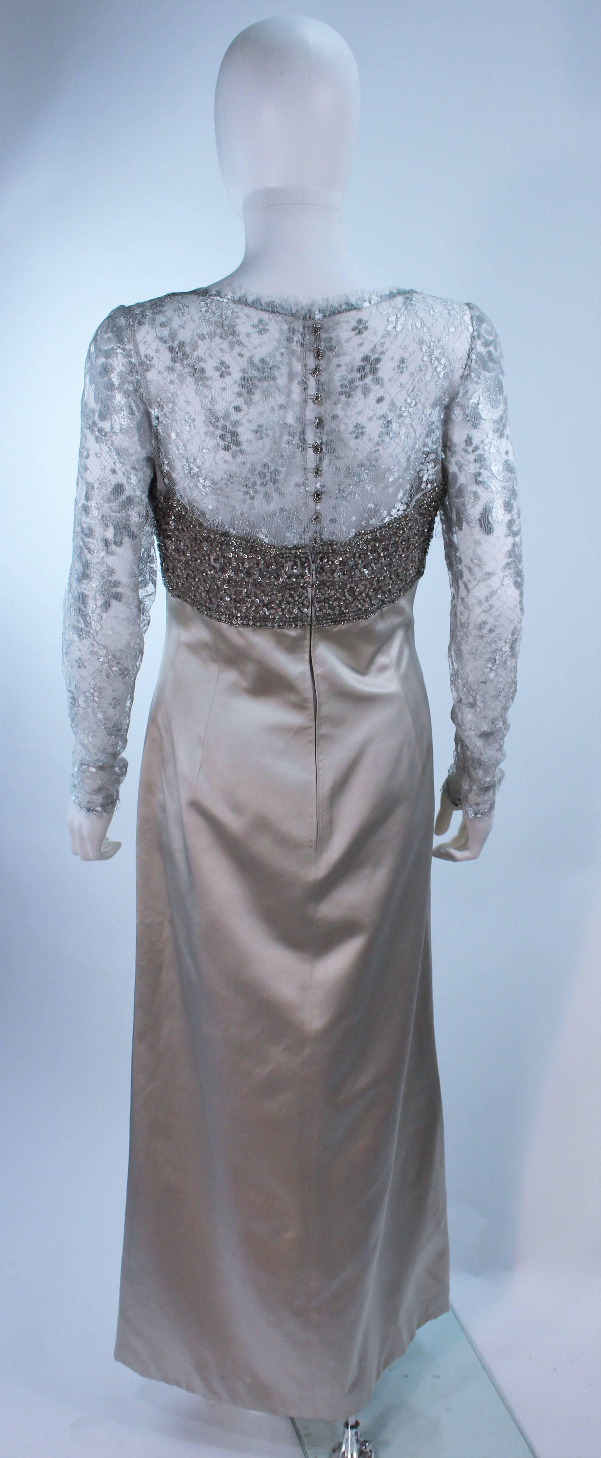 BADGLEY MISCHKA Silver Beaded Lace and Satin Gown Size 10 For Sale 2