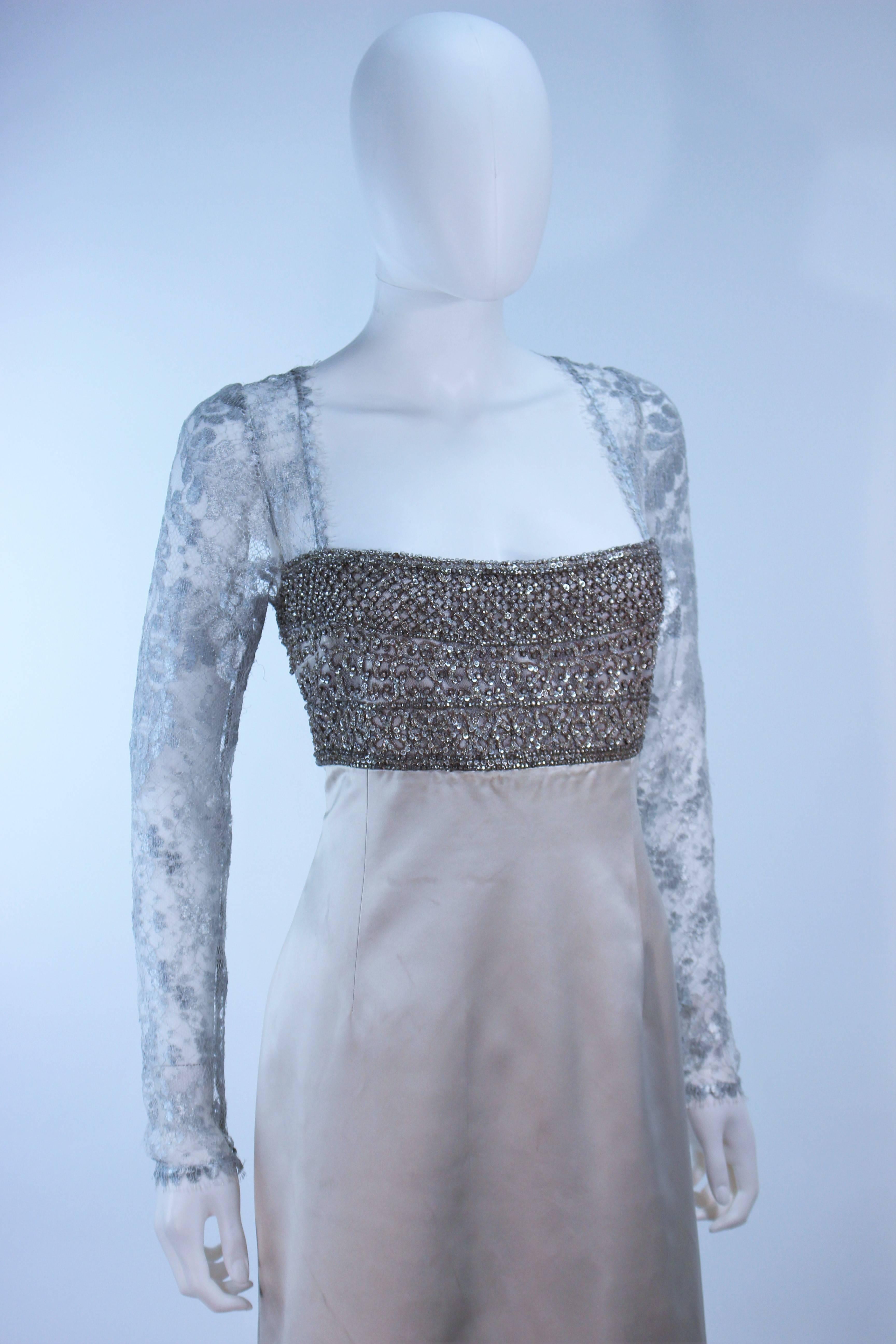 BADGLEY MISCHKA Silver Beaded Lace and Satin Gown Size 10 In Excellent Condition For Sale In Los Angeles, CA