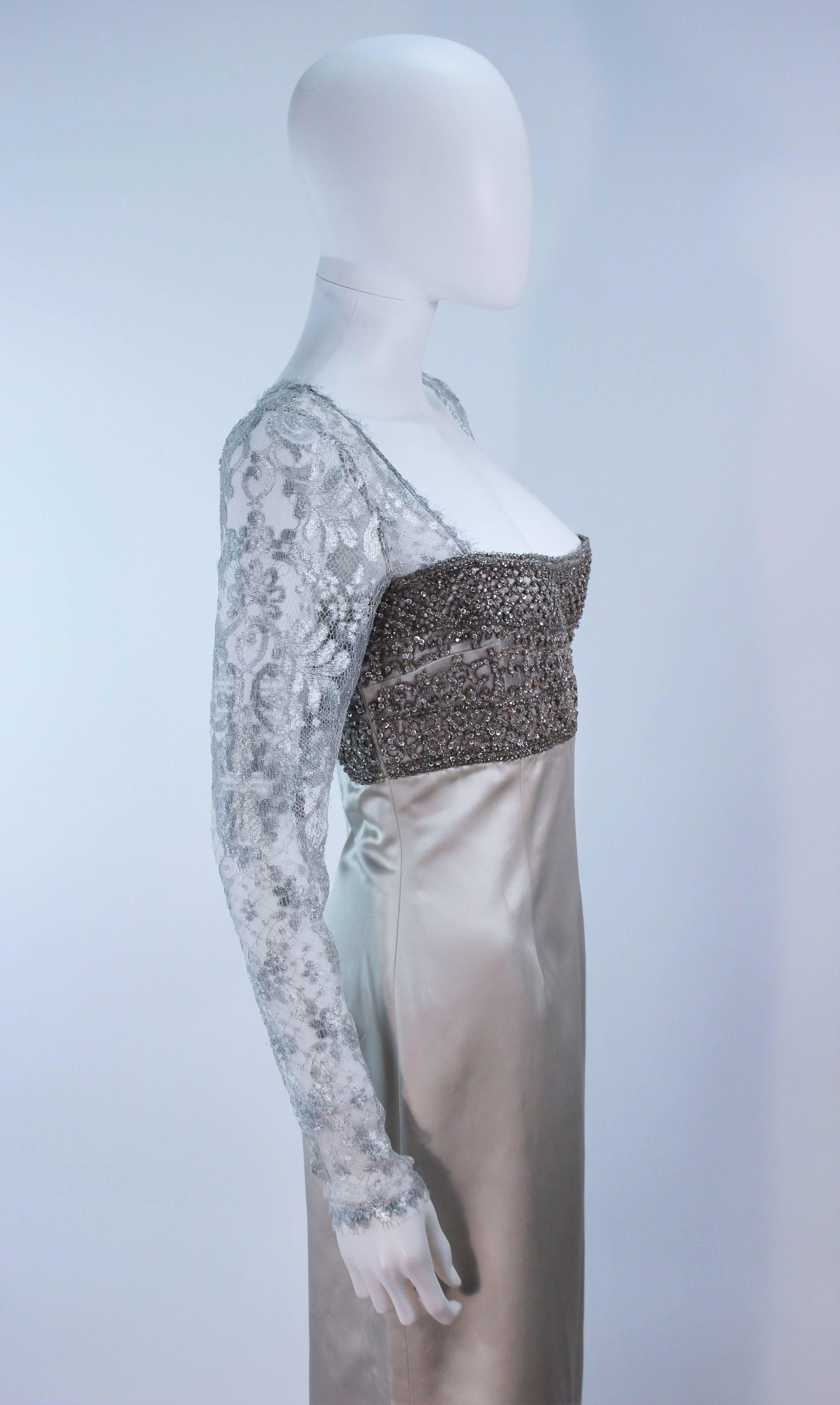 BADGLEY MISCHKA Silver Beaded Lace and Satin Gown Size 10 For Sale 1