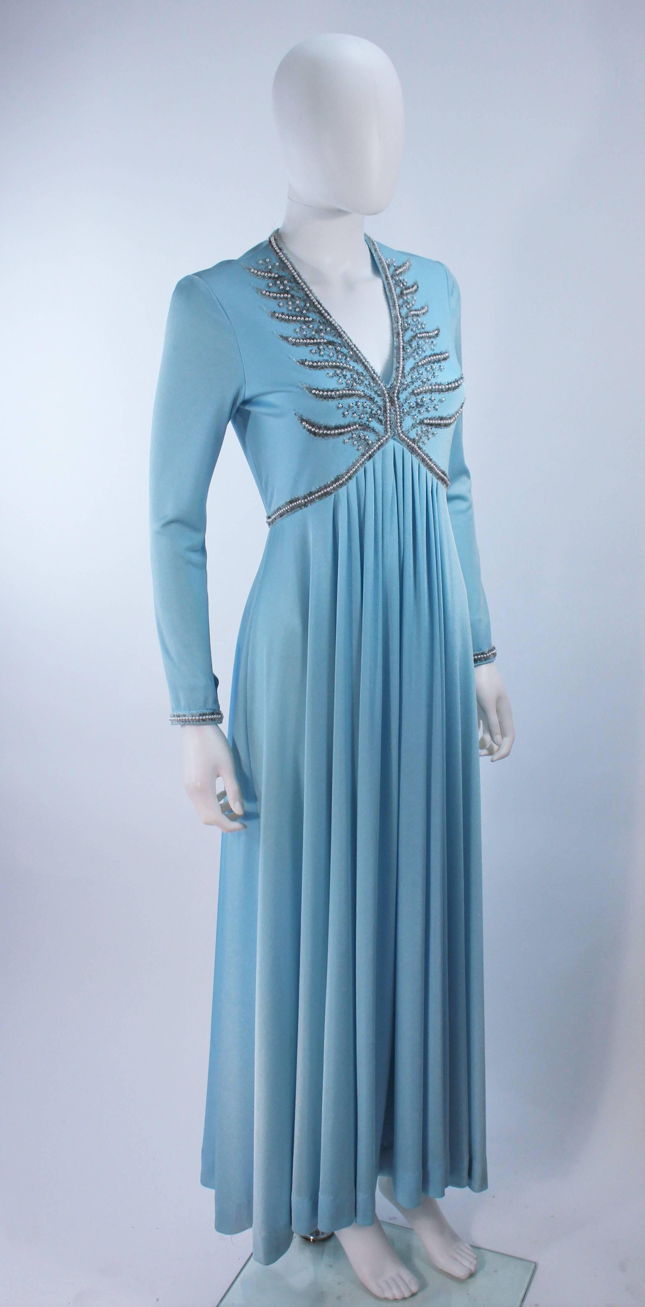 Women's 1970's Blue Jersey Gown with Beaded Applique Size Medium  For Sale