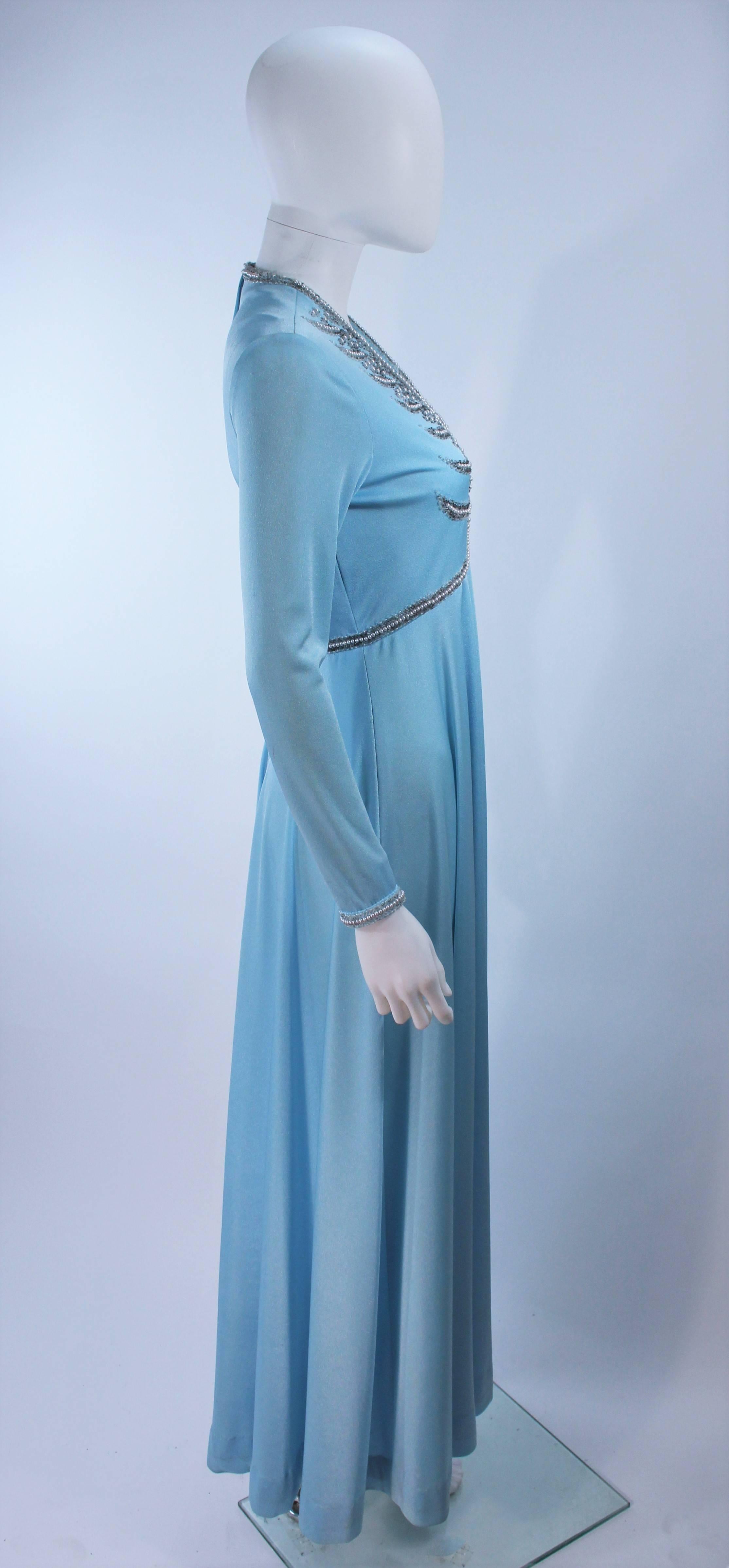 1970's Blue Jersey Gown with Beaded Applique Size Medium  For Sale 3