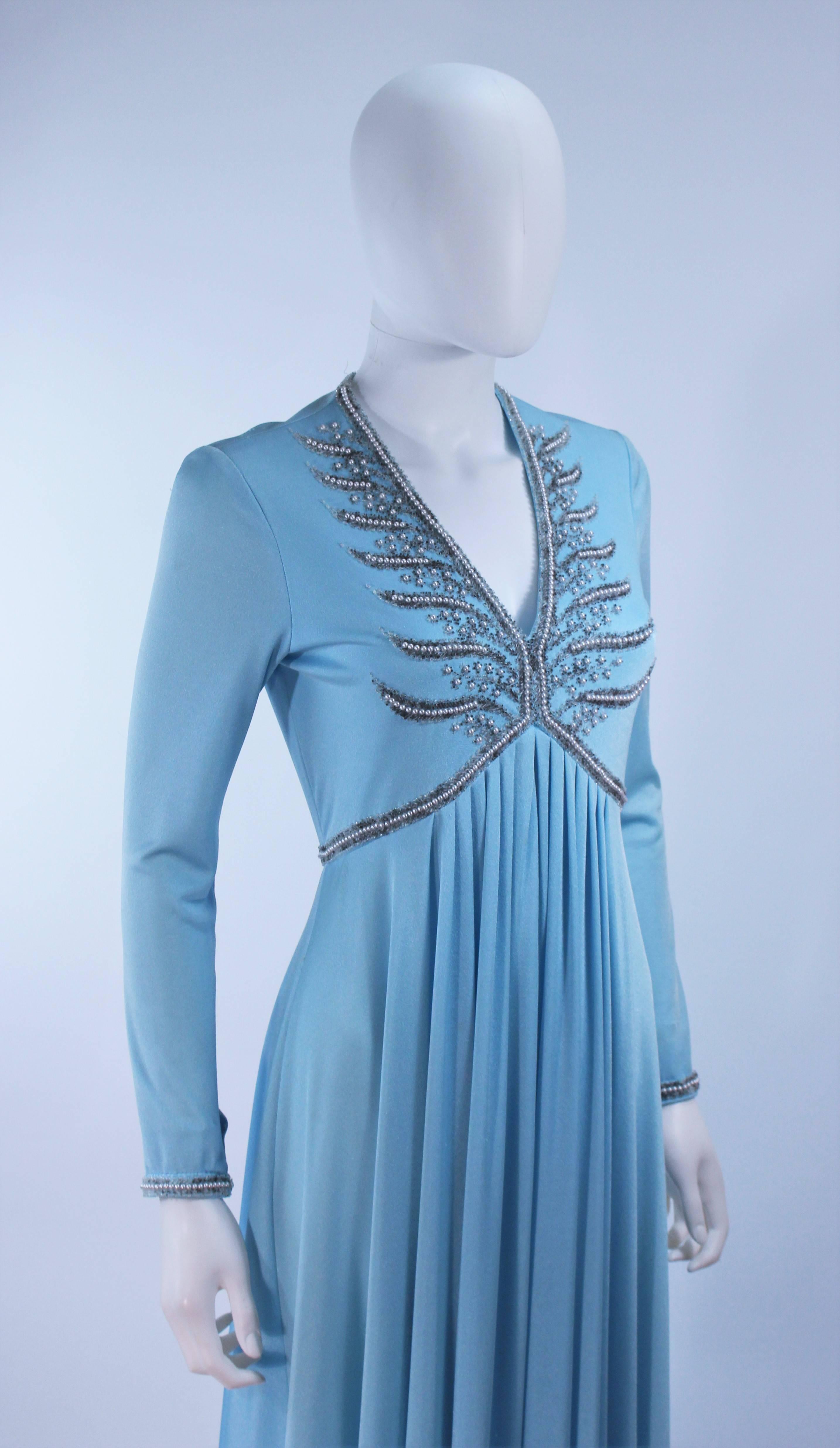 1970's Blue Jersey Gown with Beaded Applique Size Medium  For Sale 1