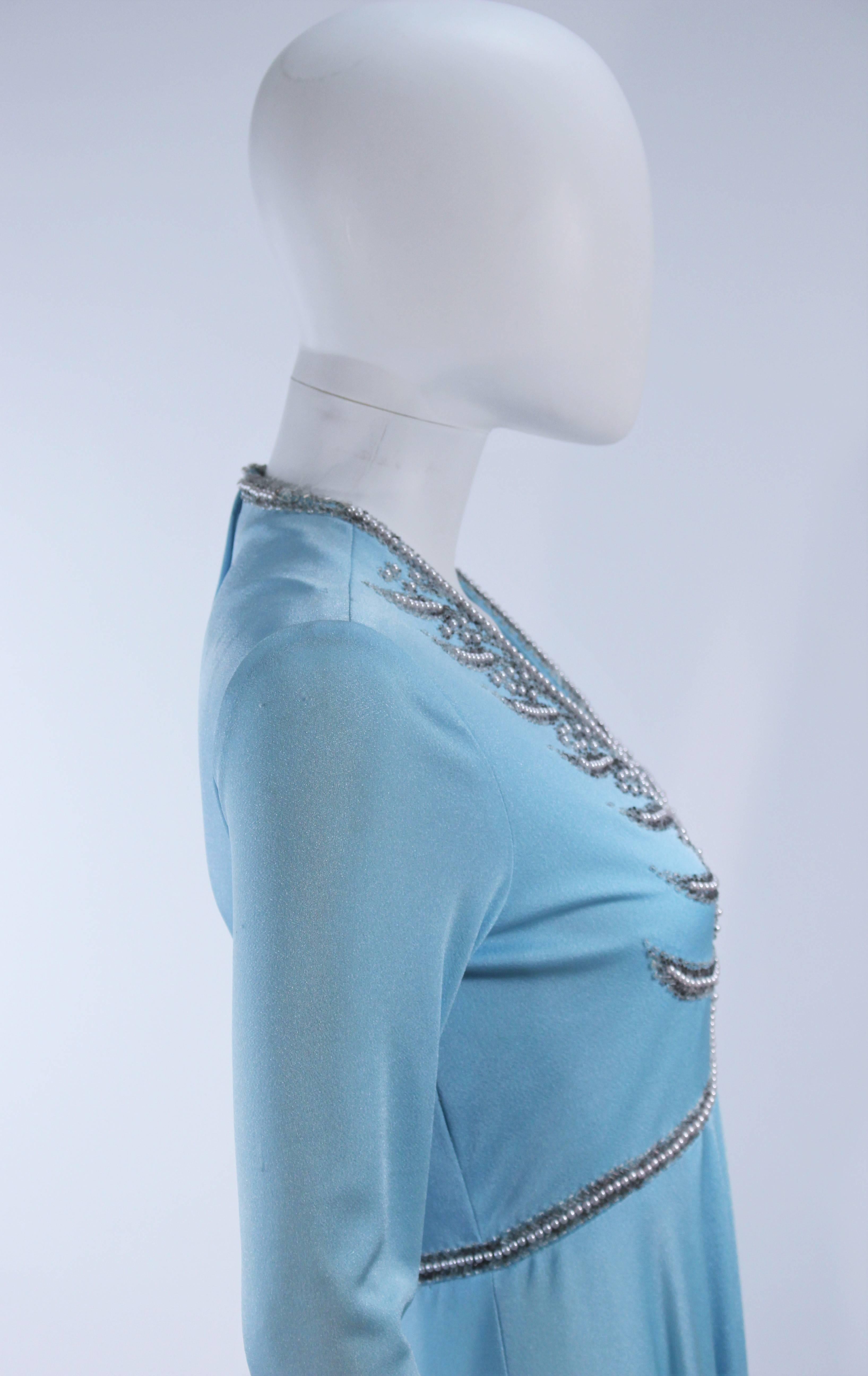 1970's Blue Jersey Gown with Beaded Applique Size Medium  For Sale 4