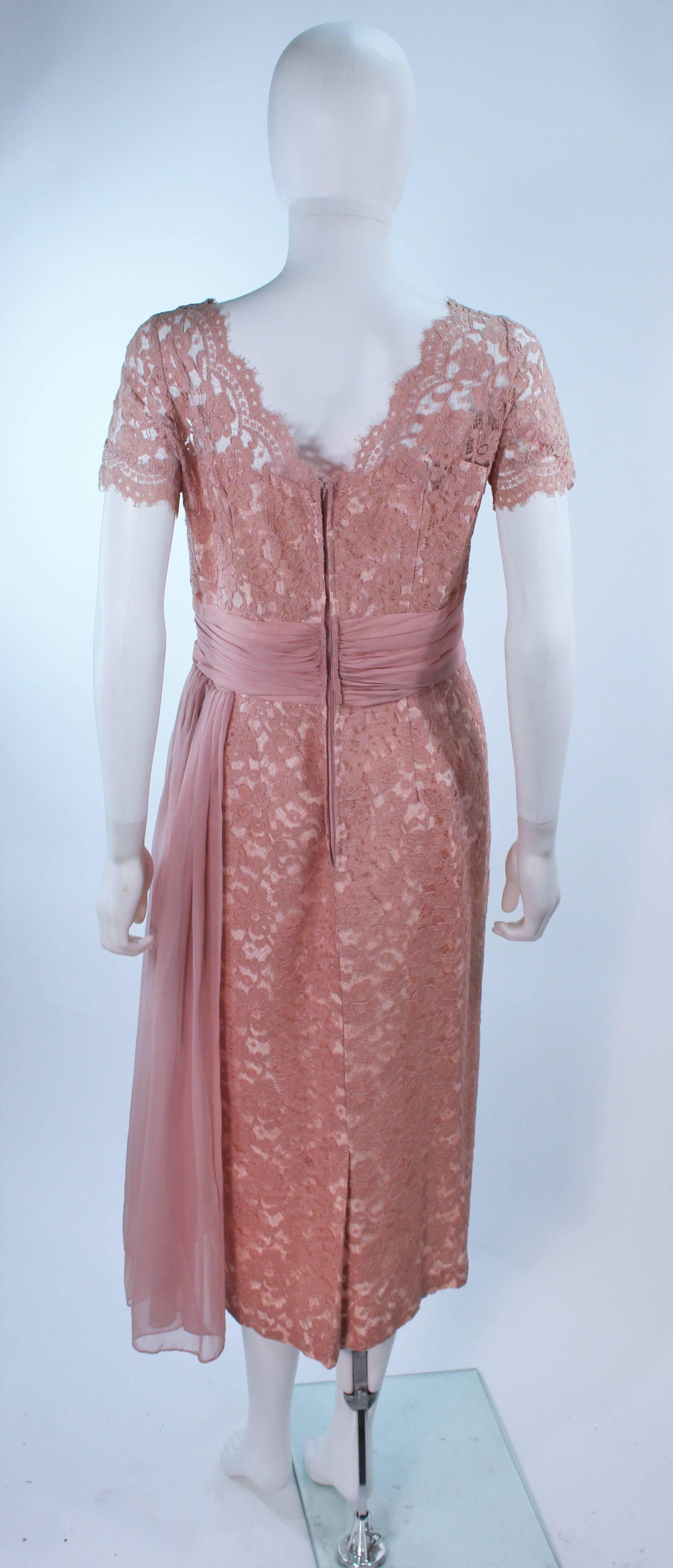1950's Peach Lace Cocktail Dress with Draped Chiffon Waist Size 8 10 For Sale 1