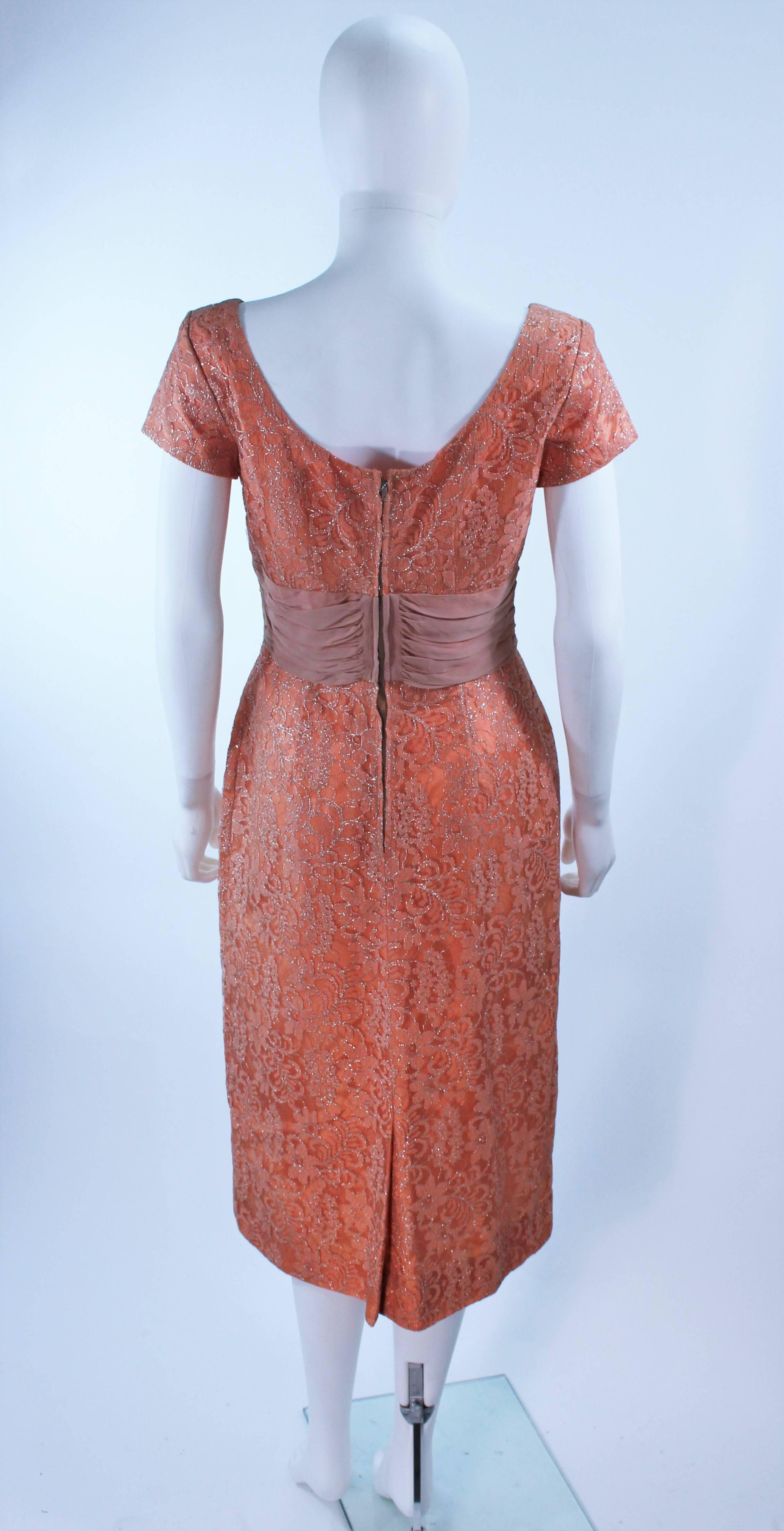 1950's Peach Metallic Lace Short Sleeve Cocktail Dress Size 6 For Sale 1