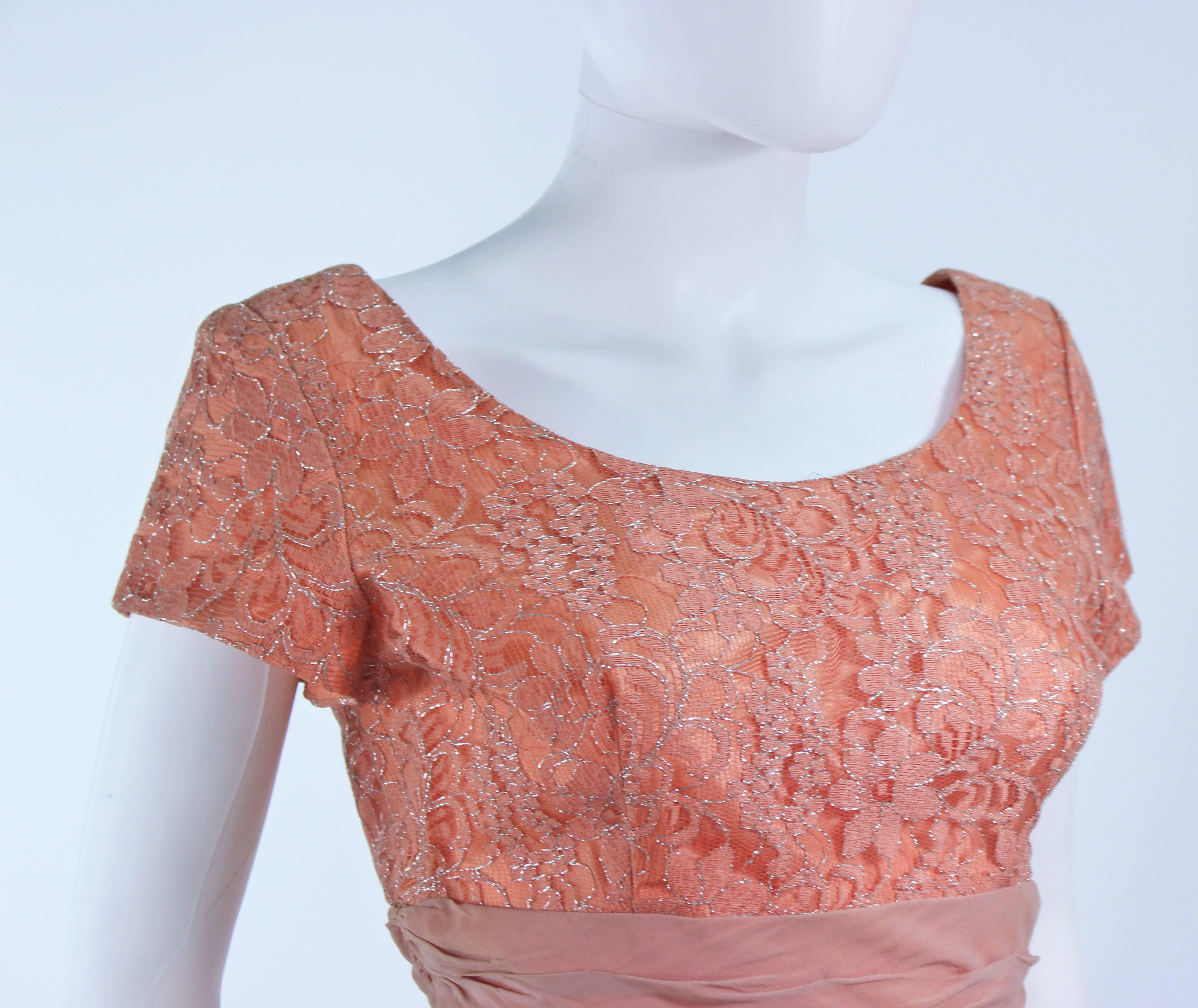 Pink 1950's Peach Metallic Lace Short Sleeve Cocktail Dress Size 6 For Sale