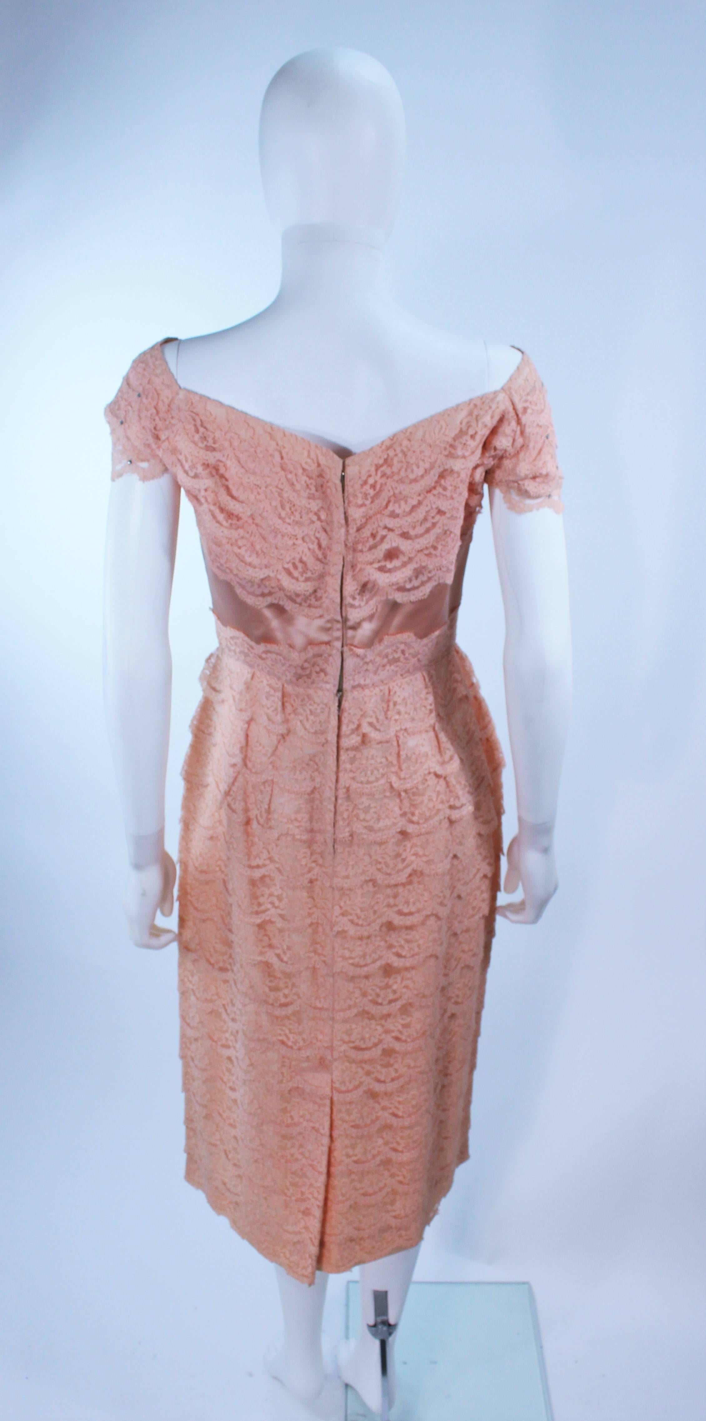 Women's 1950's Tiered Blush Lace Cocktail Dress with Rhinestone Applique Size 6 8 For Sale