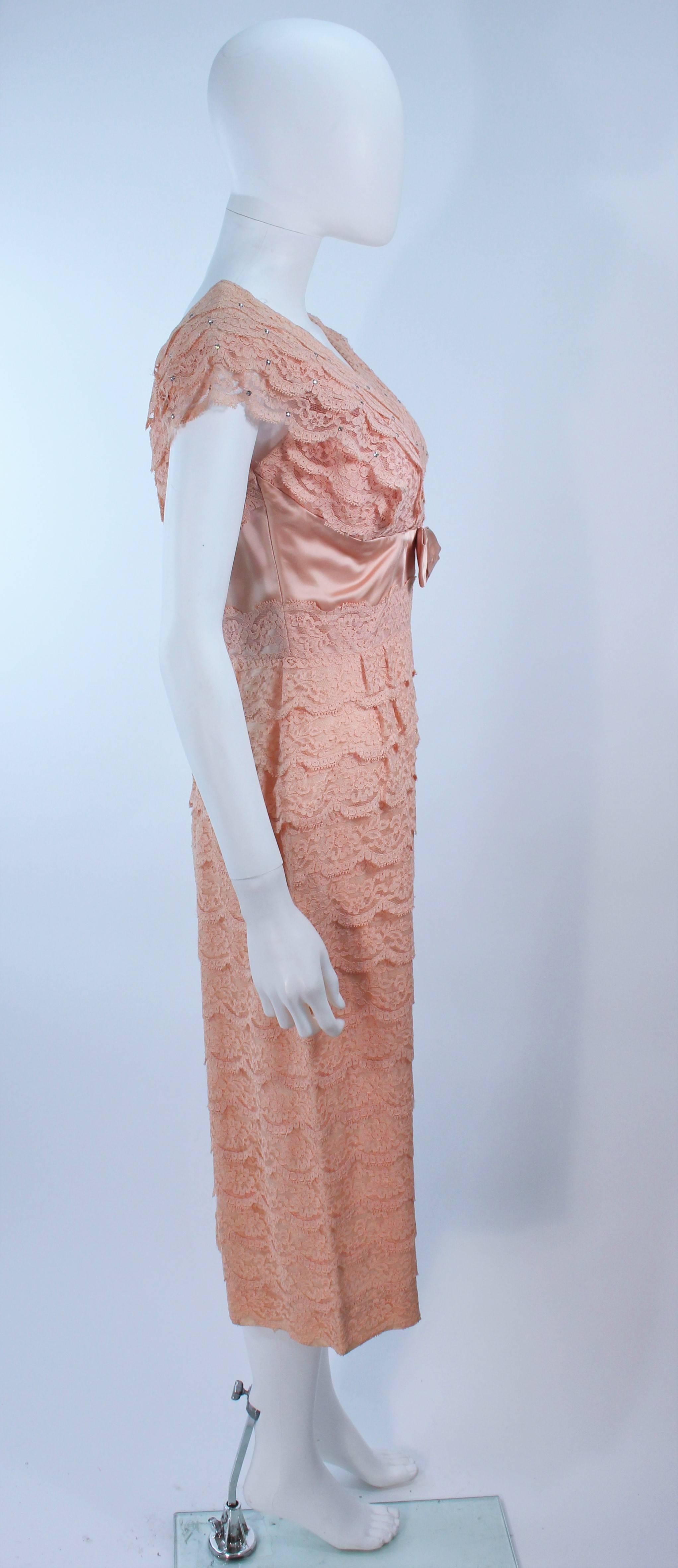 1950's Tiered Blush Lace Cocktail Dress with Rhinestone Applique Size 6 8 In Excellent Condition For Sale In Los Angeles, CA