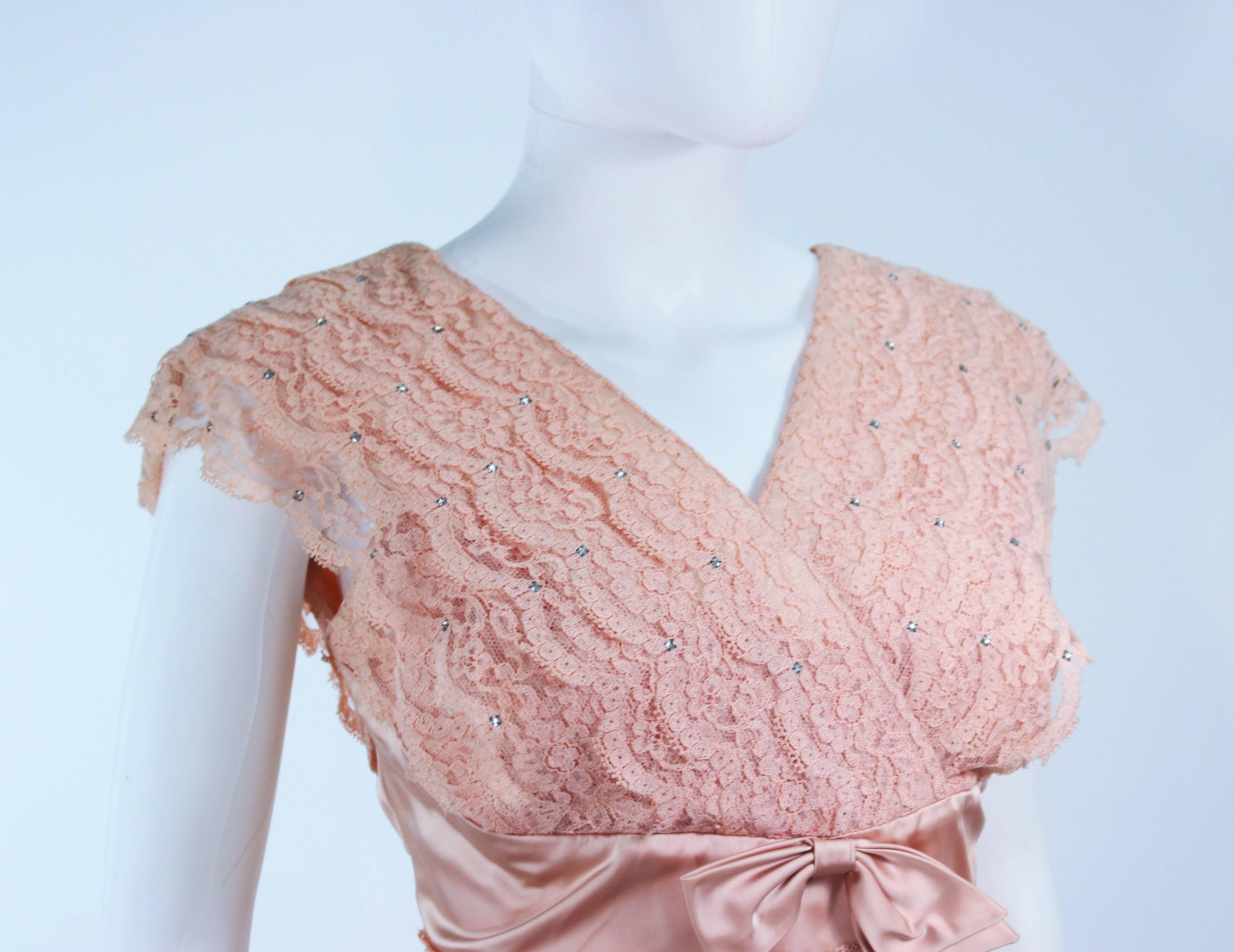 Brown 1950's Tiered Blush Lace Cocktail Dress with Rhinestone Applique Size 6 8 For Sale