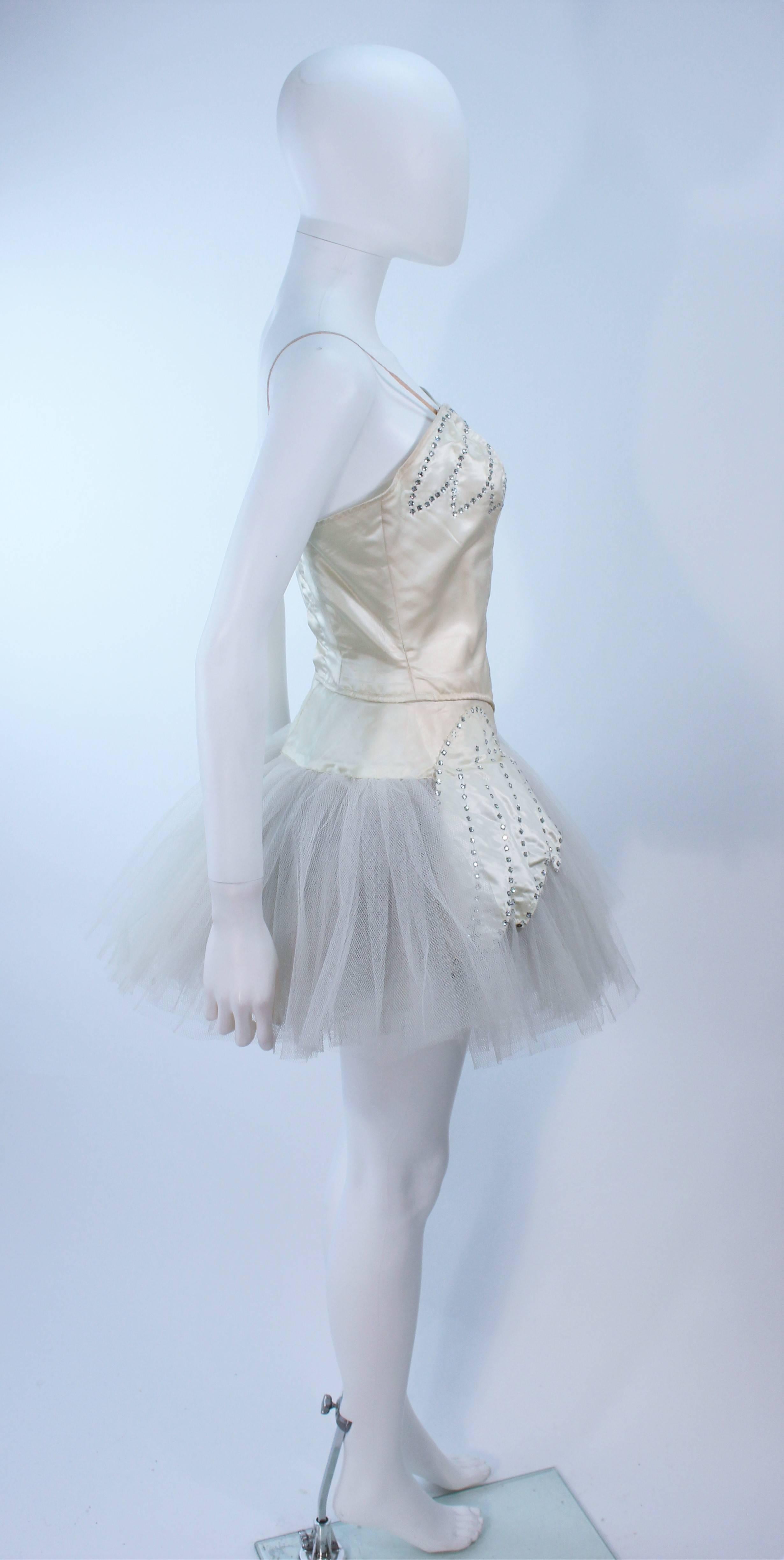 Ivory Satin and Rhinestone Burlesque Costume with Tulle Skirt Size 2 4 3