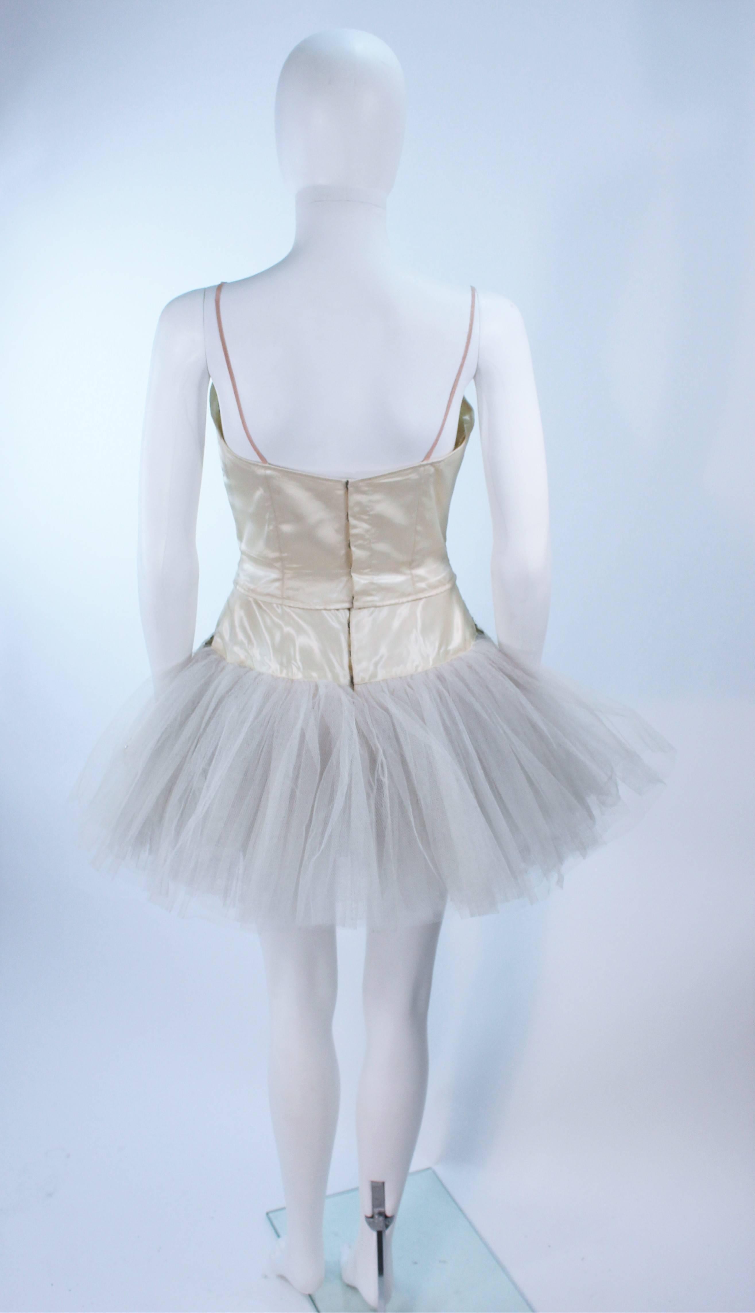 Ivory Satin and Rhinestone Burlesque Costume with Tulle Skirt Size 2 4 5