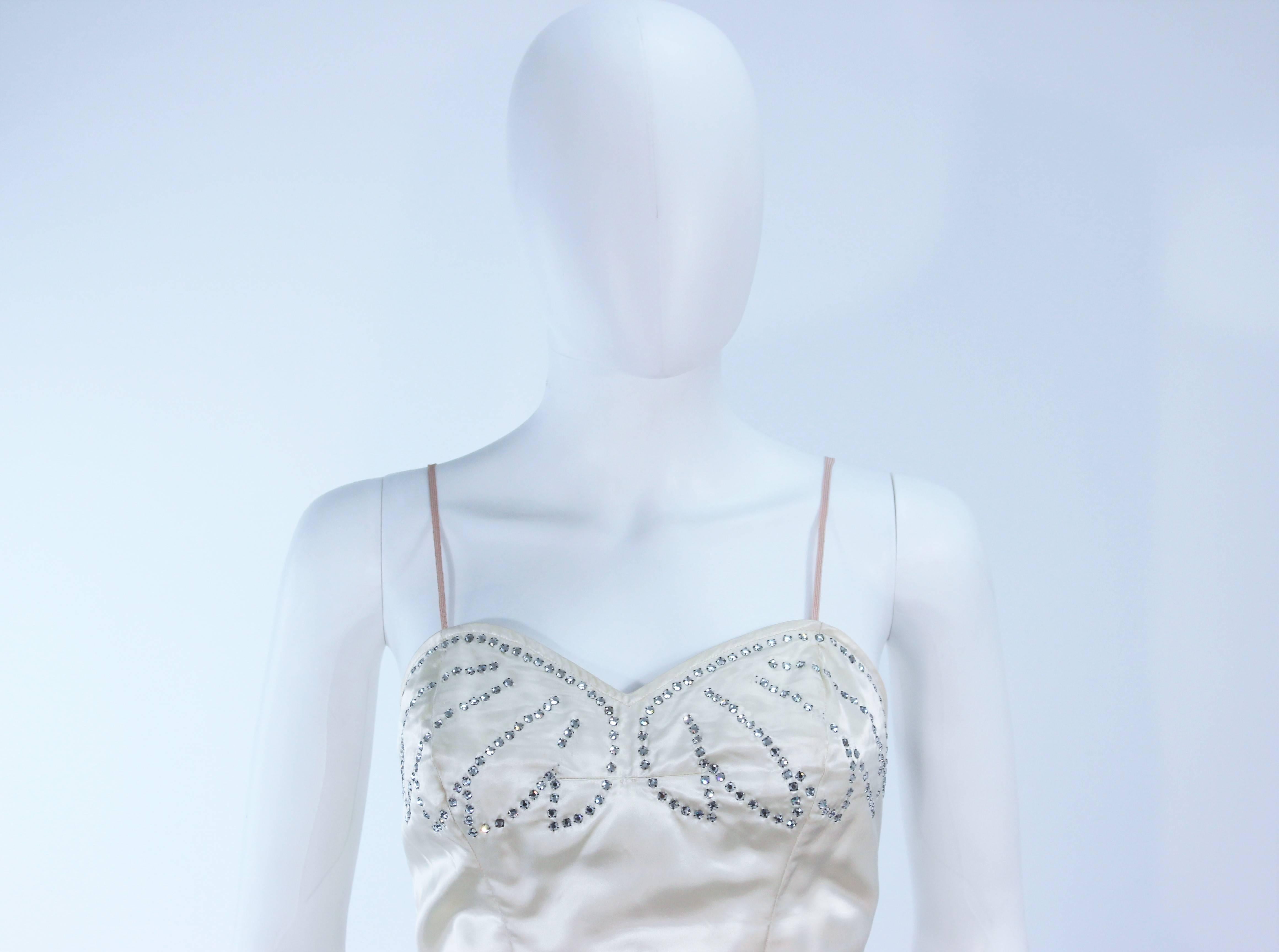 Ivory Satin and Rhinestone Burlesque Costume with Tulle Skirt Size 2 4 In Excellent Condition In Los Angeles, CA
