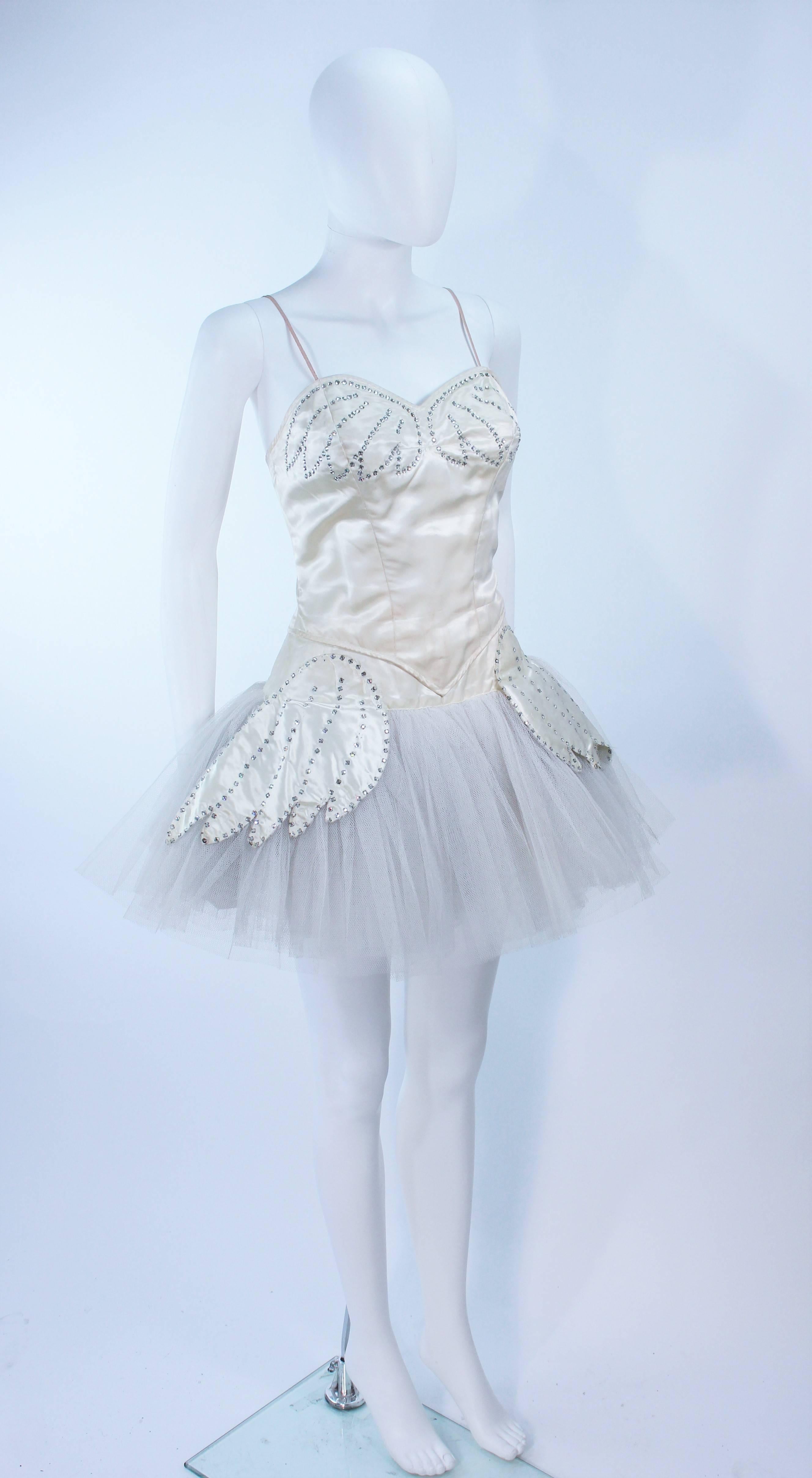 Women's Ivory Satin and Rhinestone Burlesque Costume with Tulle Skirt Size 2 4