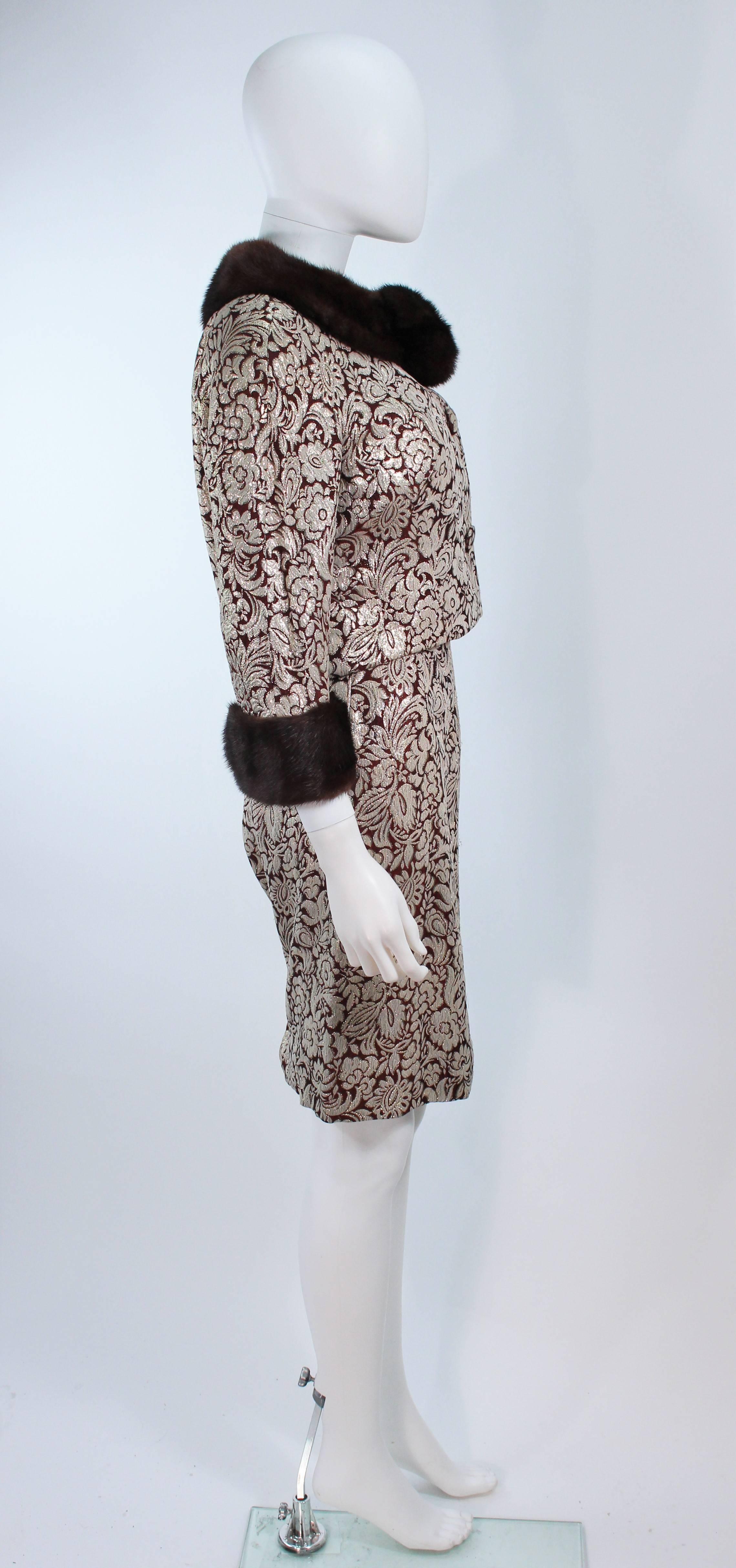 Burgundy Floral Brocade Metallic 1960's Mink Trim Dress Ensemble Size 4 For Sale 3