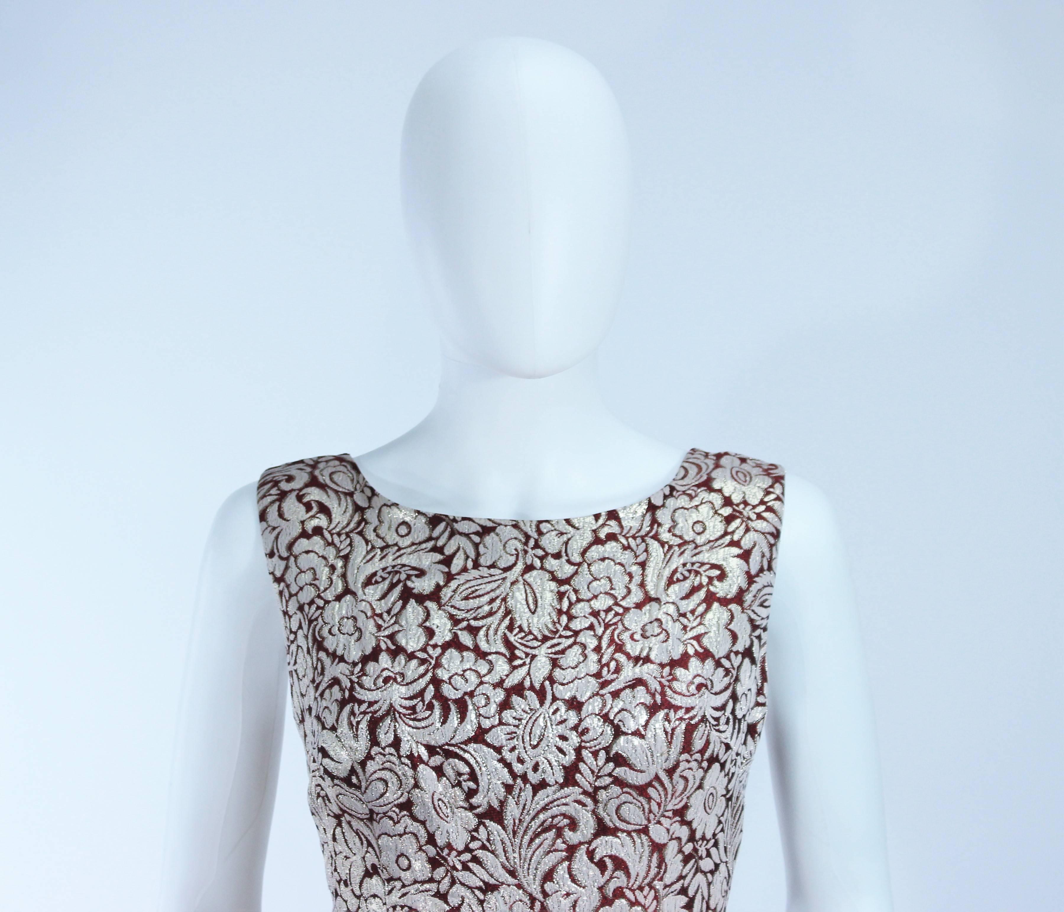 Women's Burgundy Floral Brocade Metallic 1960's Mink Trim Dress Ensemble Size 4 For Sale