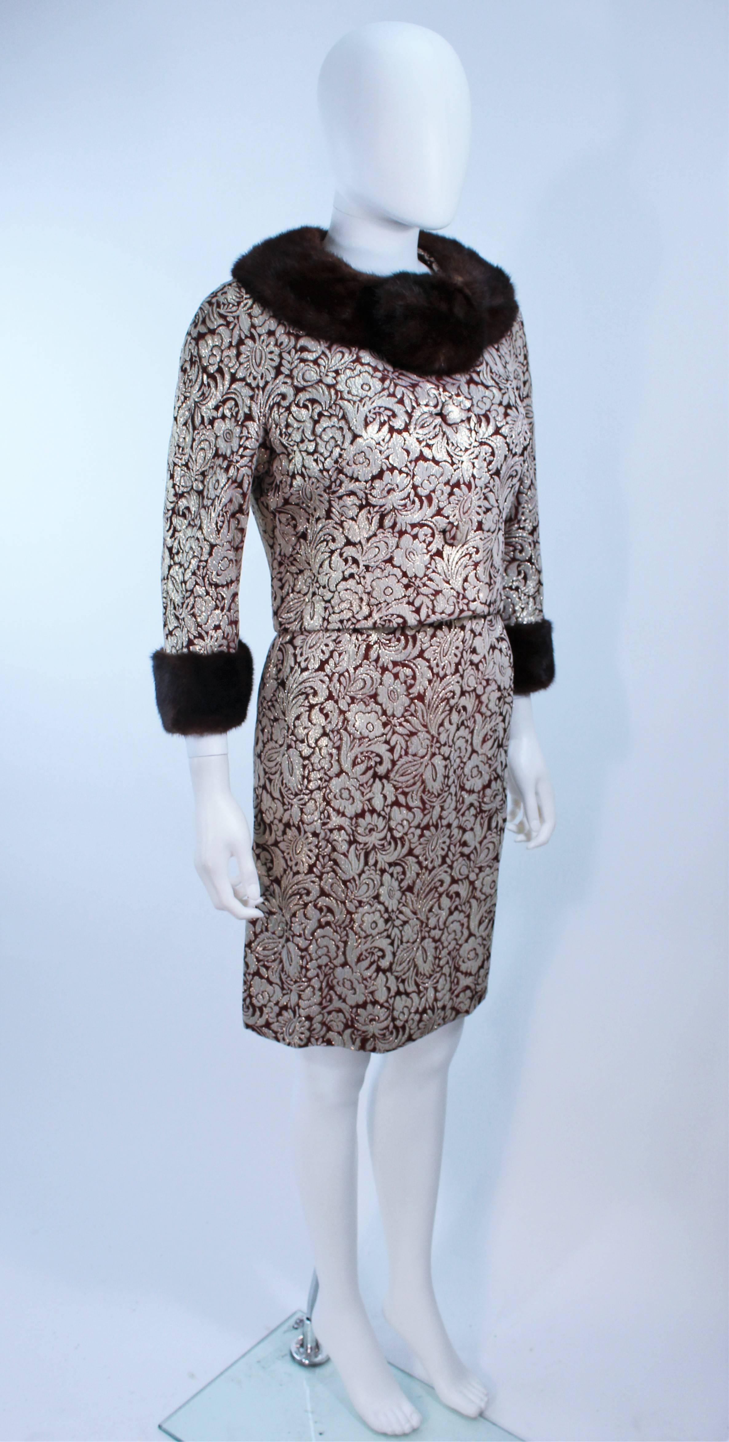 Burgundy Floral Brocade Metallic 1960's Mink Trim Dress Ensemble Size 4 For Sale 1