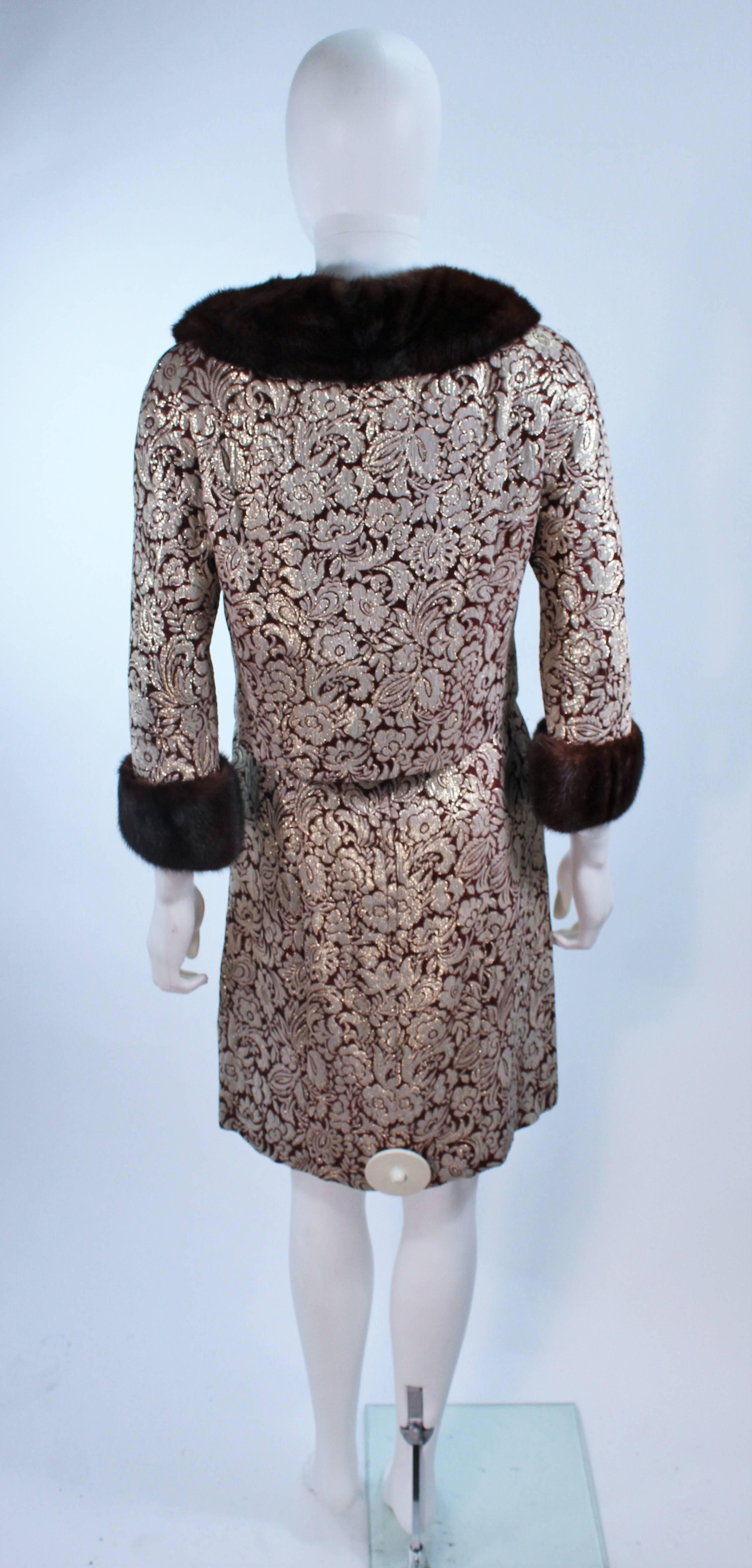 Burgundy Floral Brocade Metallic 1960's Mink Trim Dress Ensemble Size 4 For Sale 4