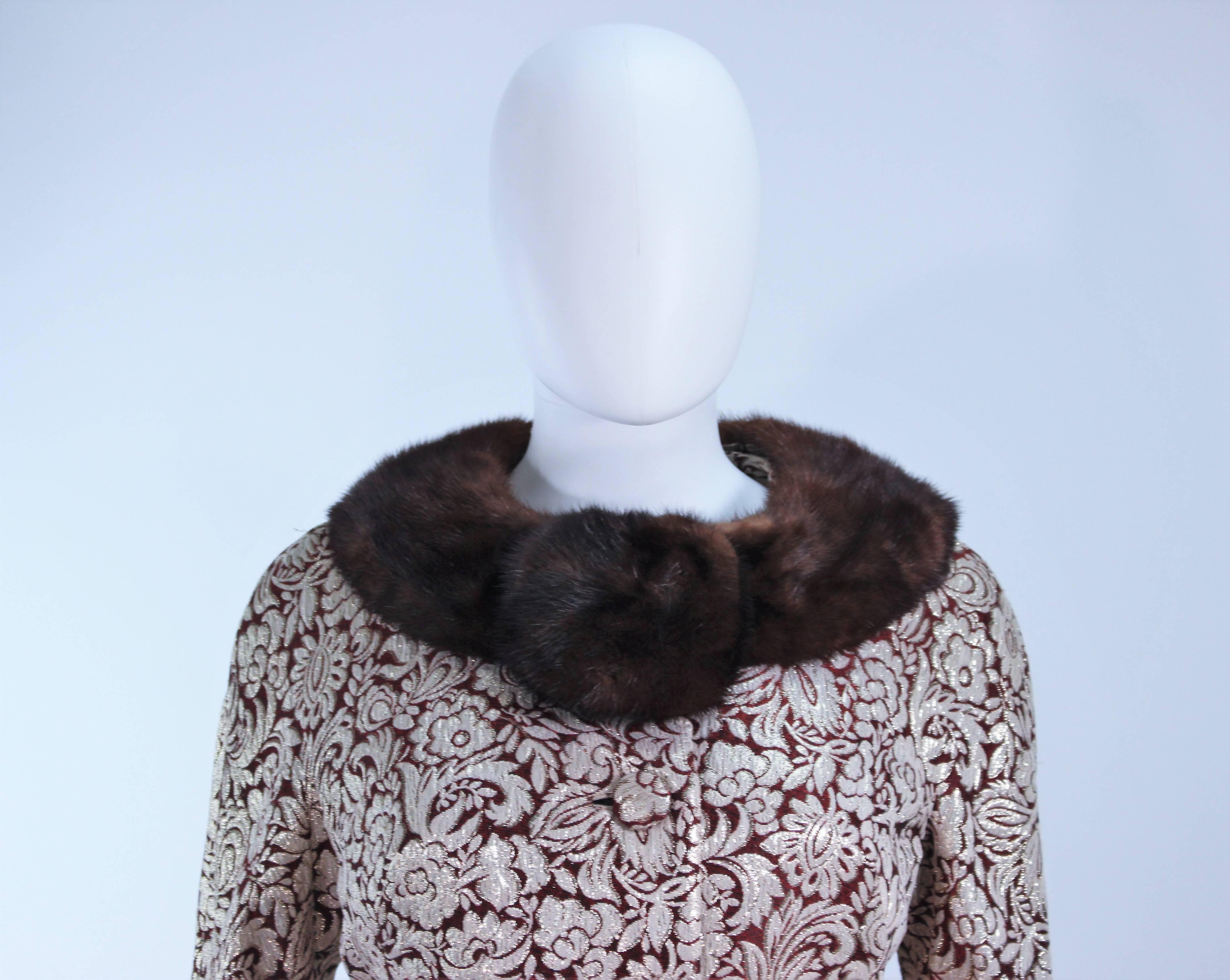 Gray Burgundy Floral Brocade Metallic 1960's Mink Trim Dress Ensemble Size 4 For Sale