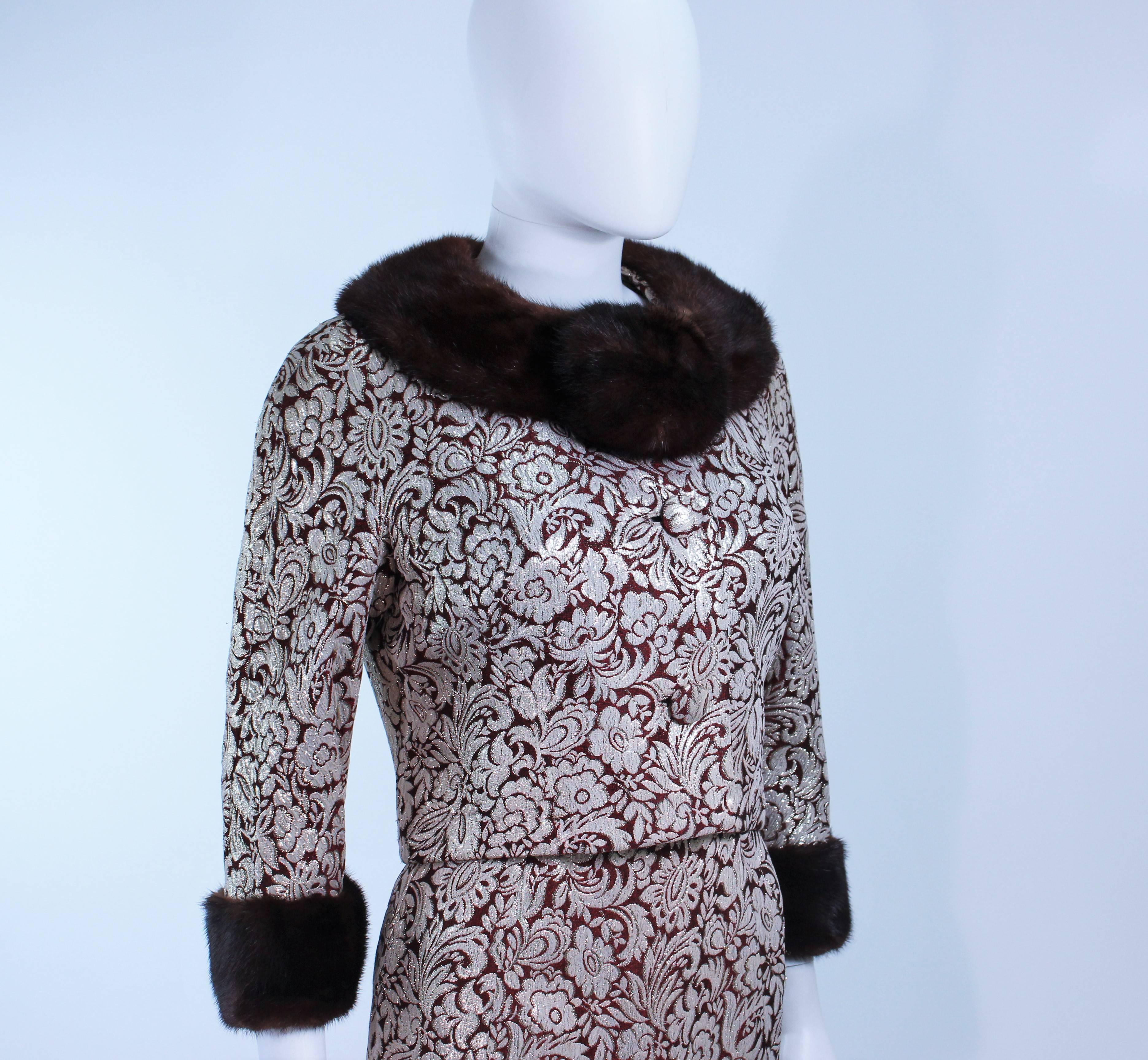 Burgundy Floral Brocade Metallic 1960's Mink Trim Dress Ensemble Size 4 For Sale 2