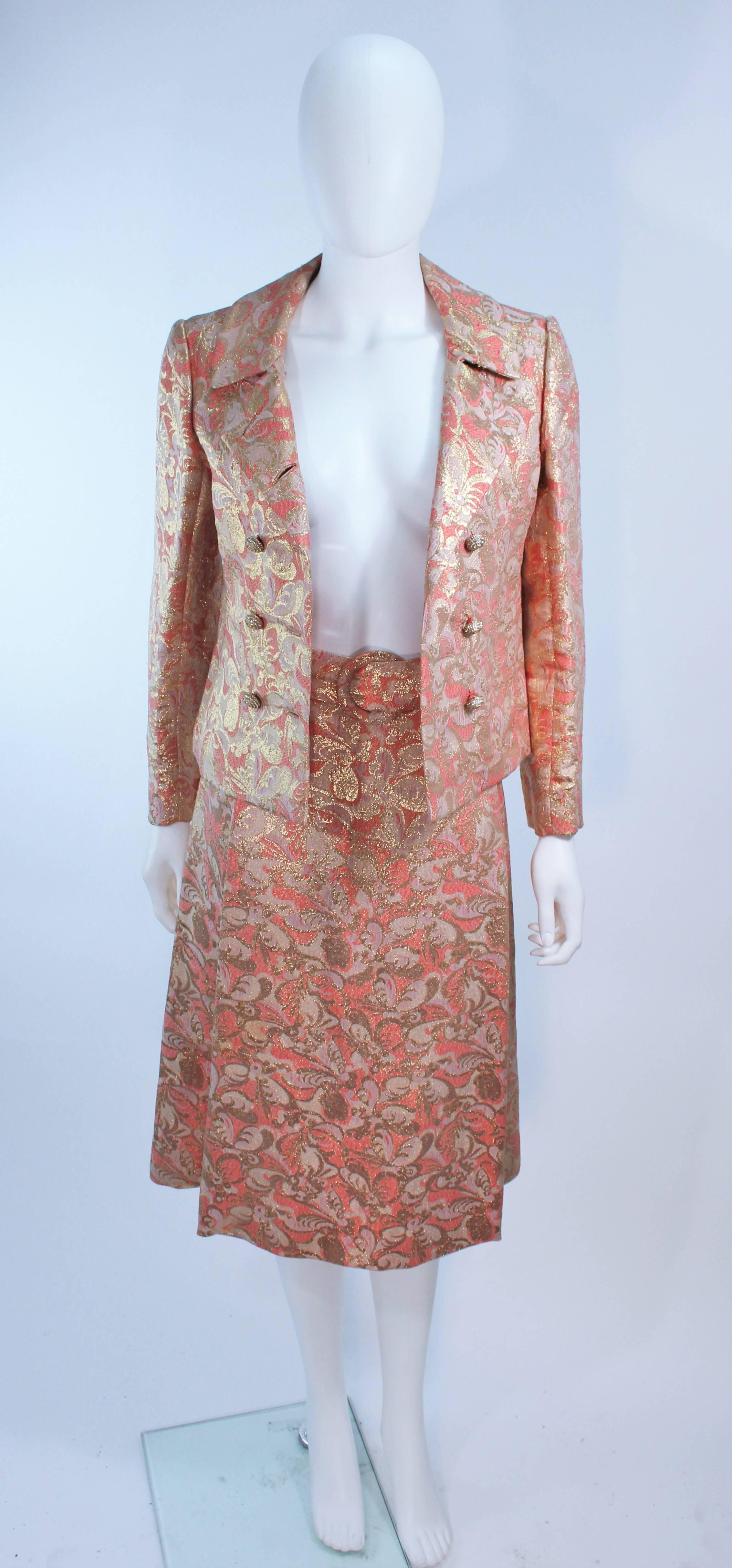 Jimi Fox Peach & Gold Brocade Skirt Suit with Rhinestone Buttons Size 6 In Excellent Condition For Sale In Los Angeles, CA