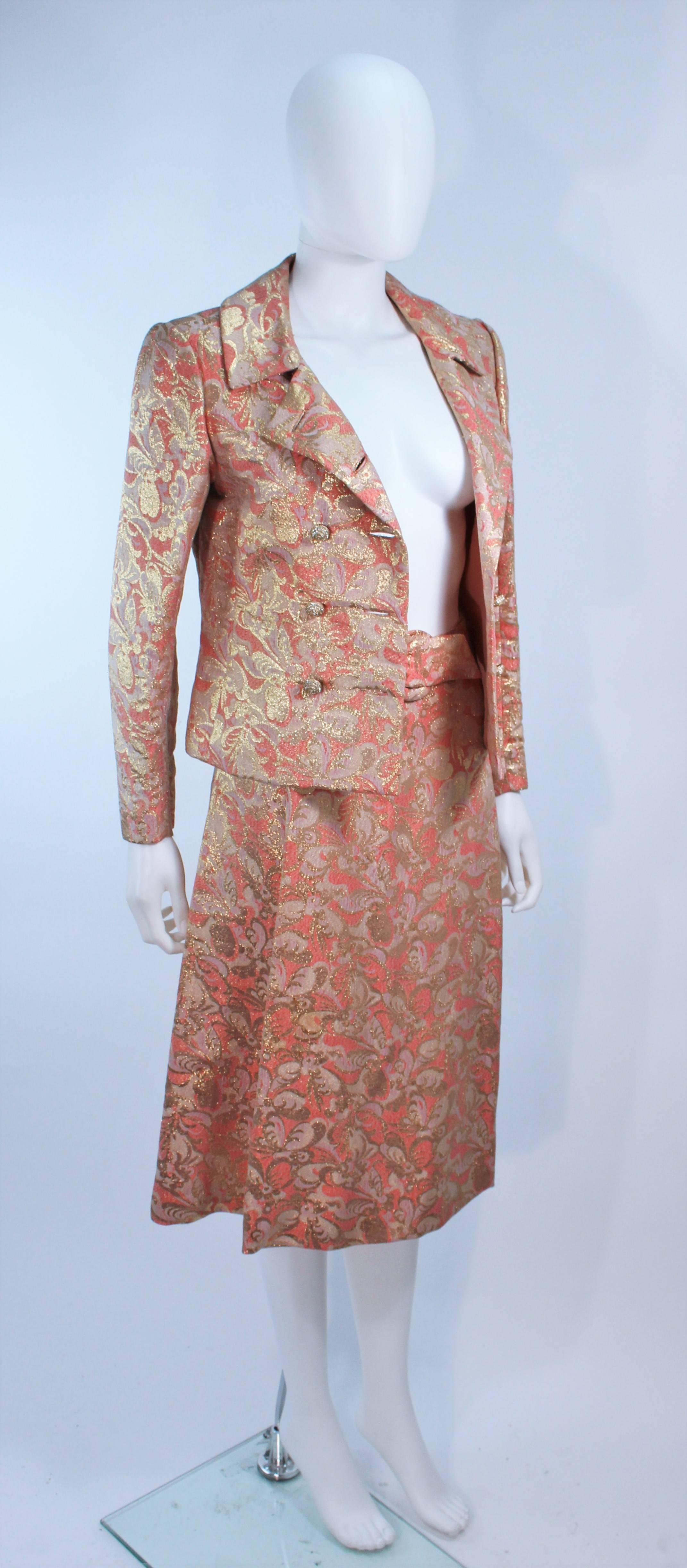 Women's Jimi Fox Peach & Gold Brocade Skirt Suit with Rhinestone Buttons Size 6 For Sale