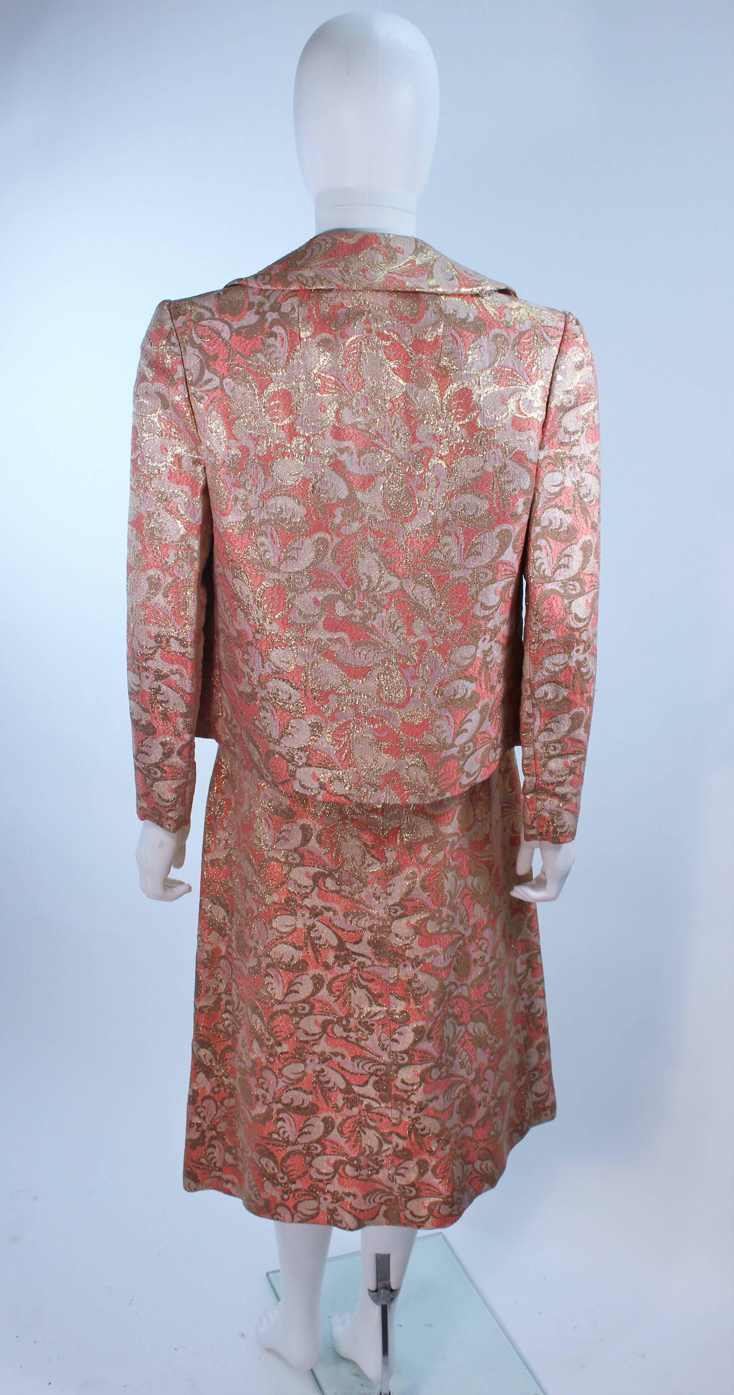 Jimi Fox Peach & Gold Brocade Skirt Suit with Rhinestone Buttons Size 6 For Sale 1