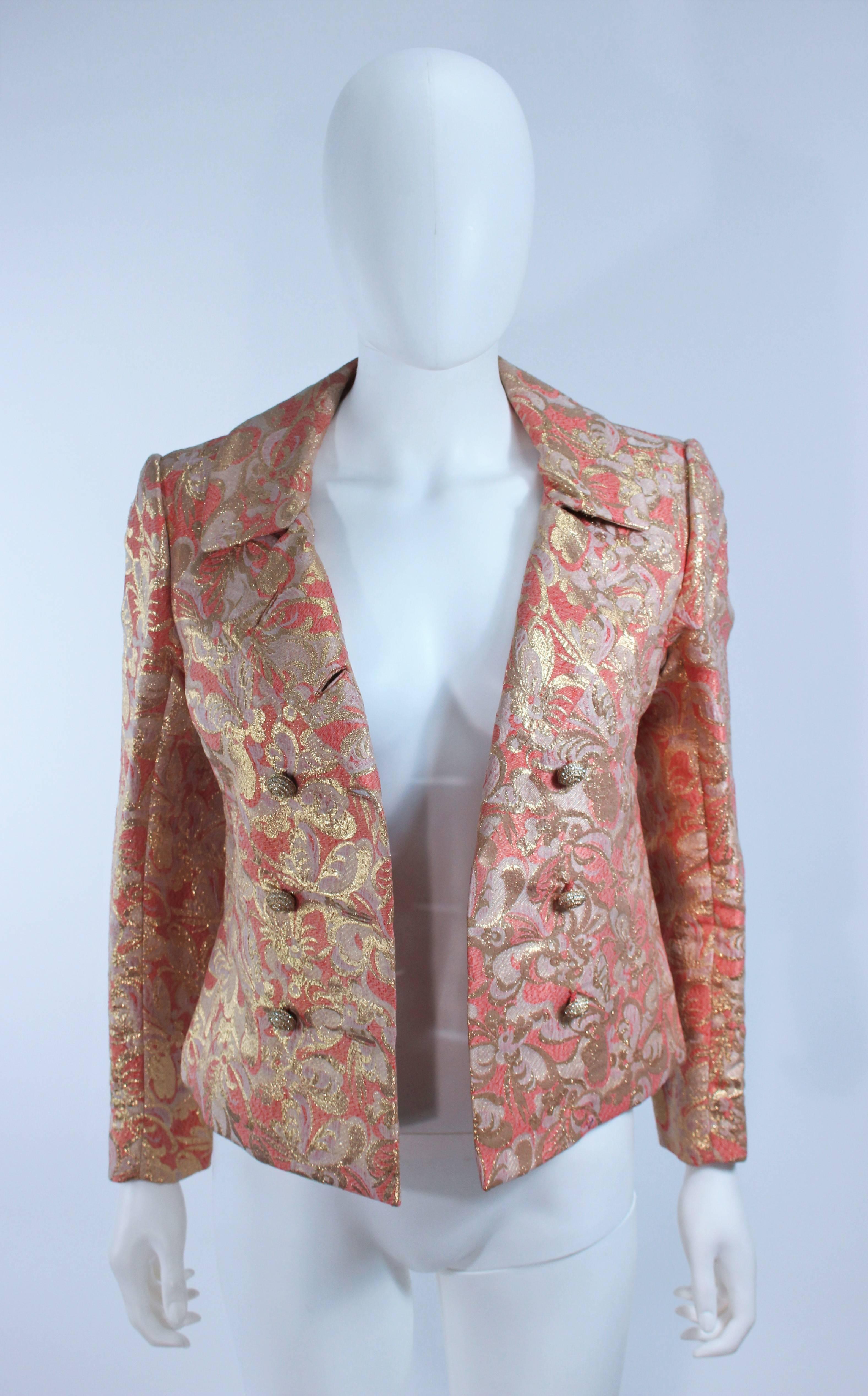 Jimi Fox Peach & Gold Brocade Skirt Suit with Rhinestone Buttons Size 6 For Sale 2