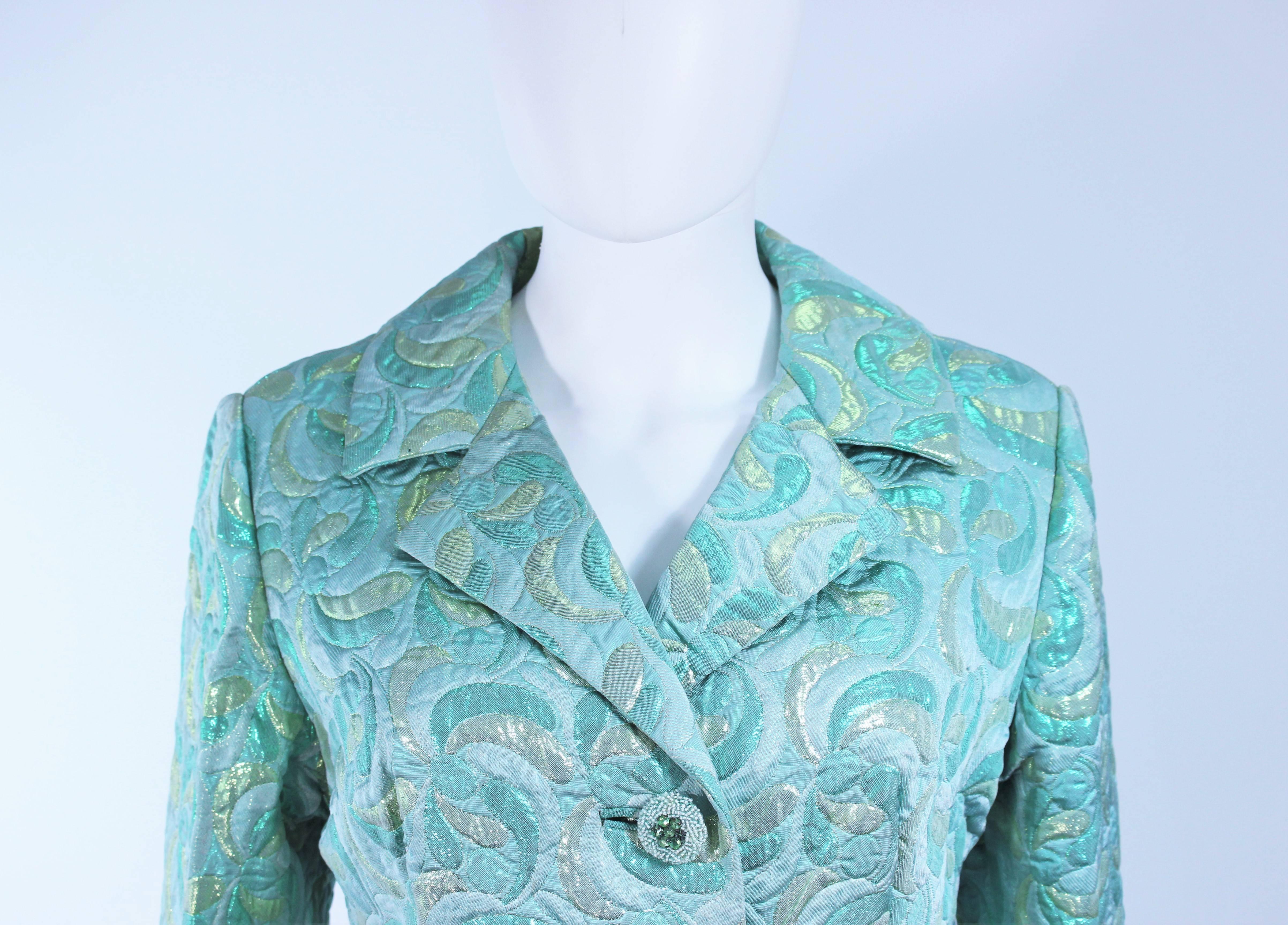 Aqua Metallic 1960's Brocade Coat with Beaded Buttons Size 6  In Excellent Condition In Los Angeles, CA