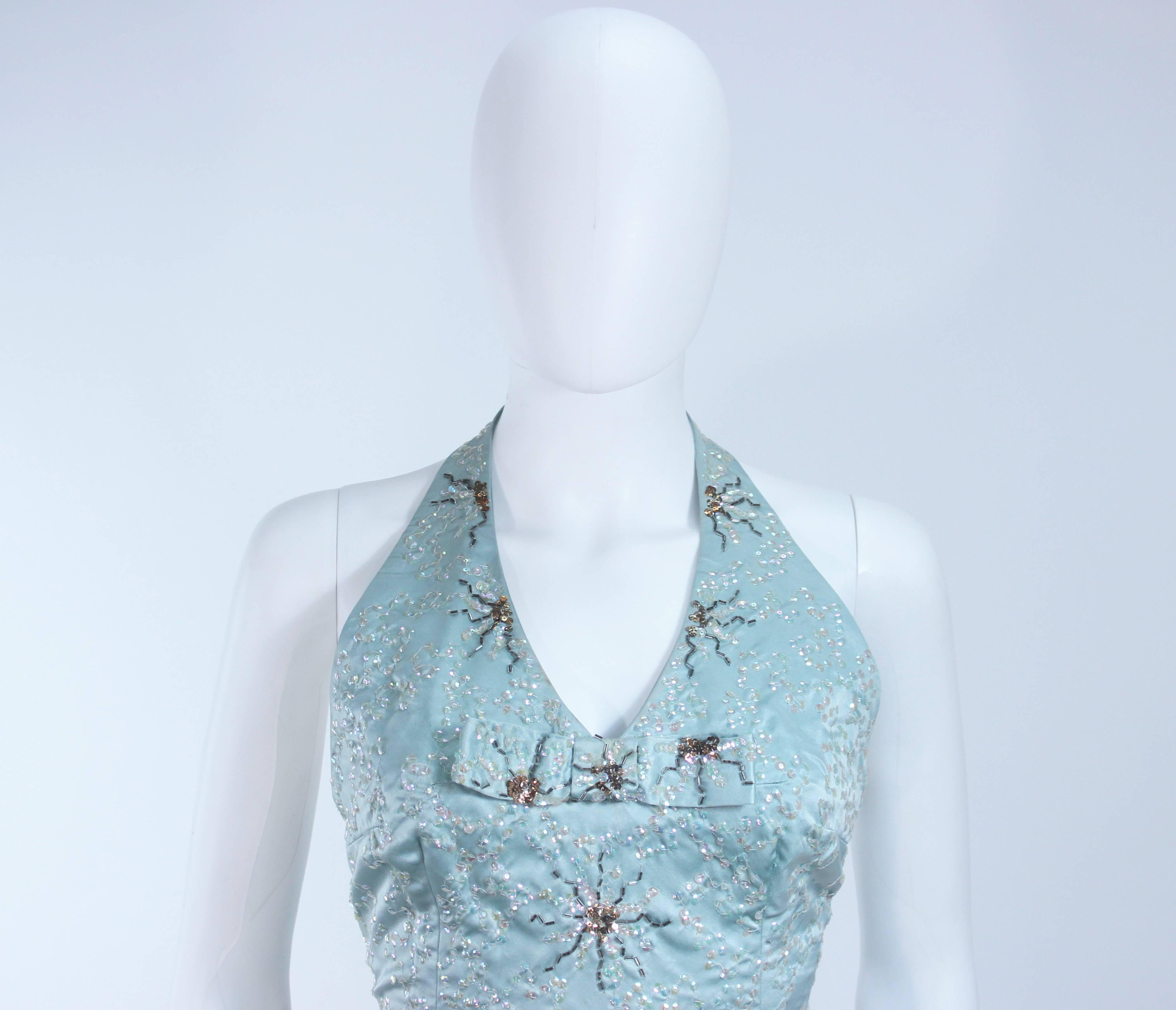 SE'MONT 1960's Silk Aqua Halter with Sequins & Bead Embellishments Size 2 4 In Excellent Condition For Sale In Los Angeles, CA