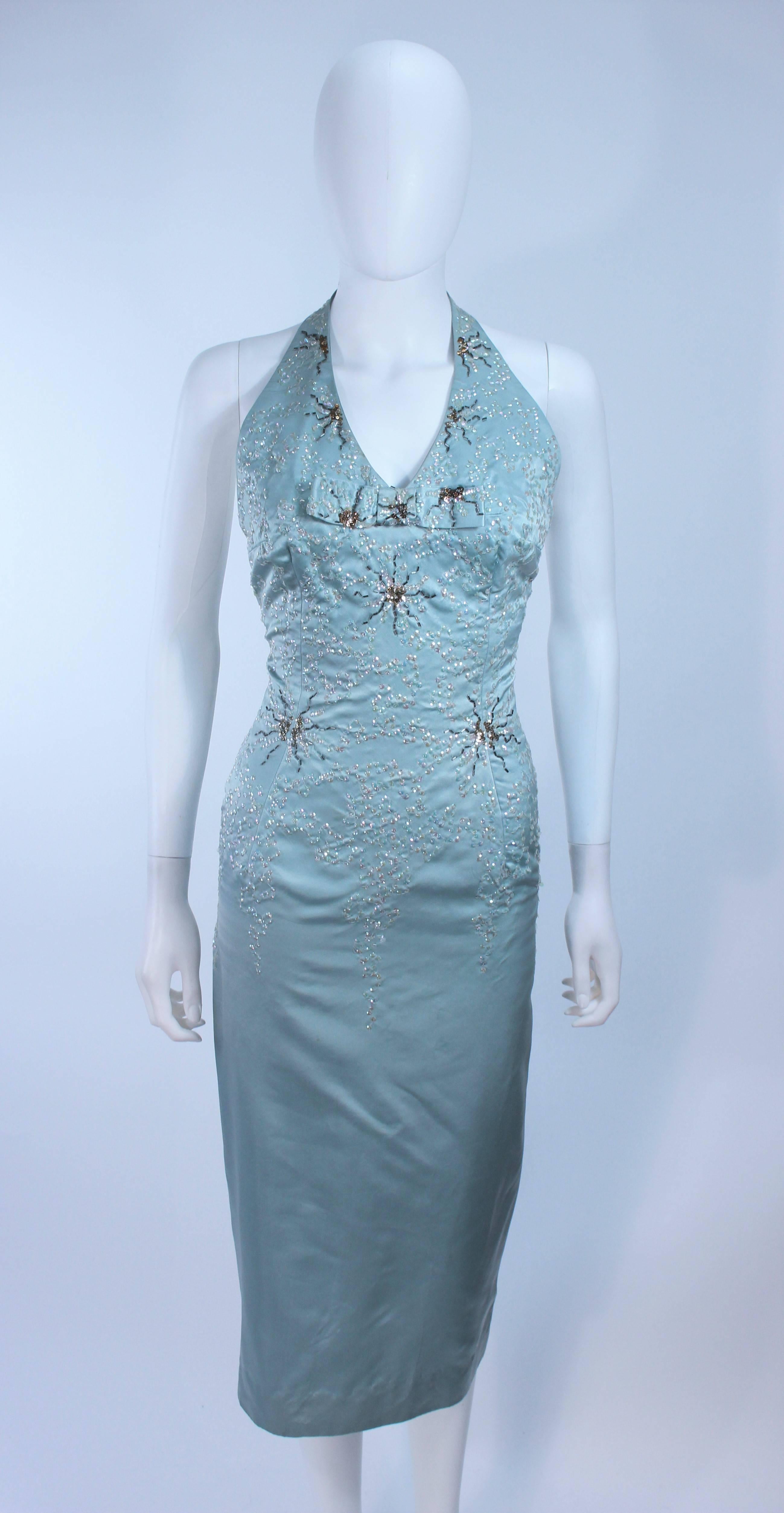 Blue SE'MONT 1960's Silk Aqua Halter with Sequins & Bead Embellishments Size 2 4 For Sale