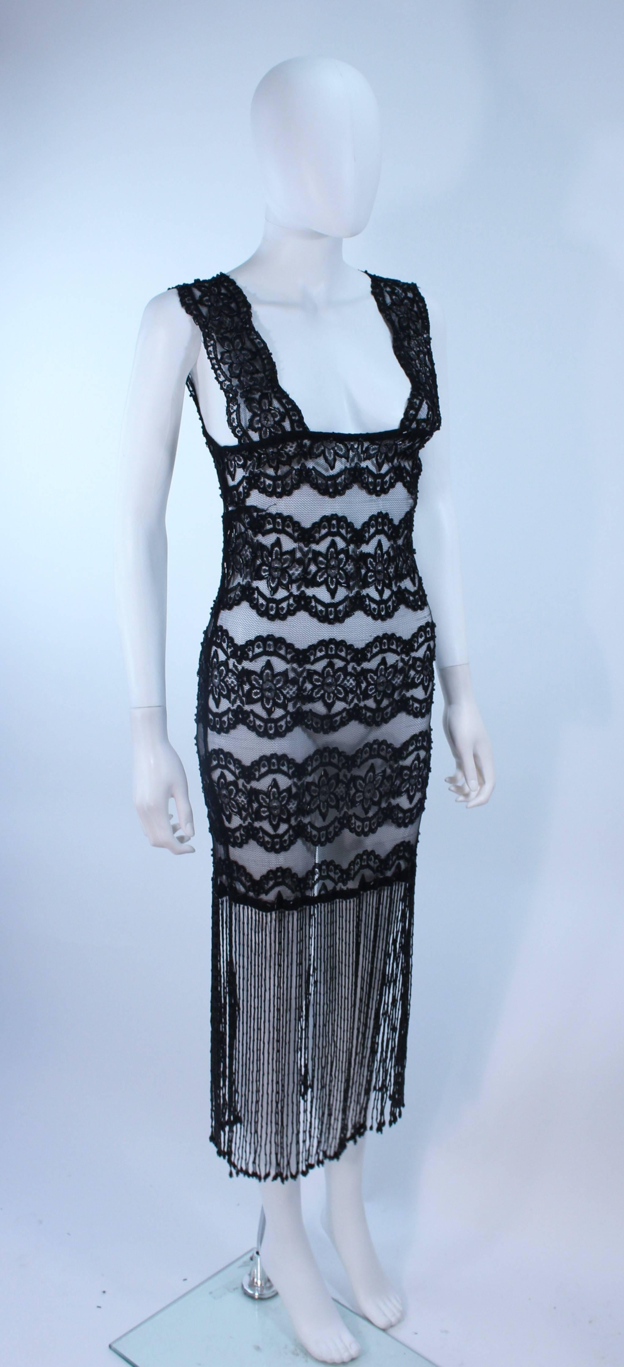 Women's Custom Sheer Stretch Black Lace Dress with Fringe Size 2 4