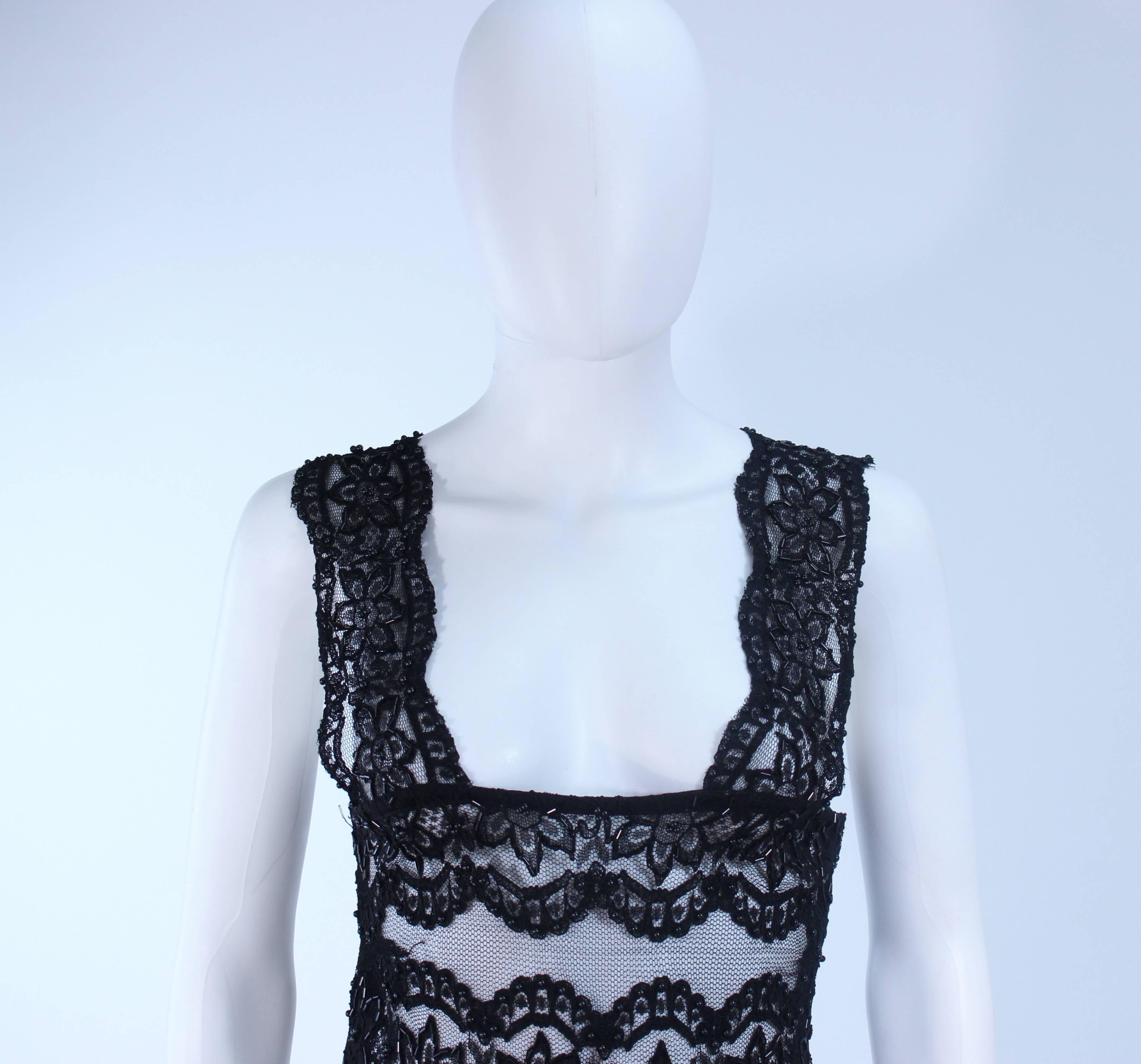 Custom Sheer Stretch Black Lace Dress with Fringe Size 2 4 In Excellent Condition In Los Angeles, CA