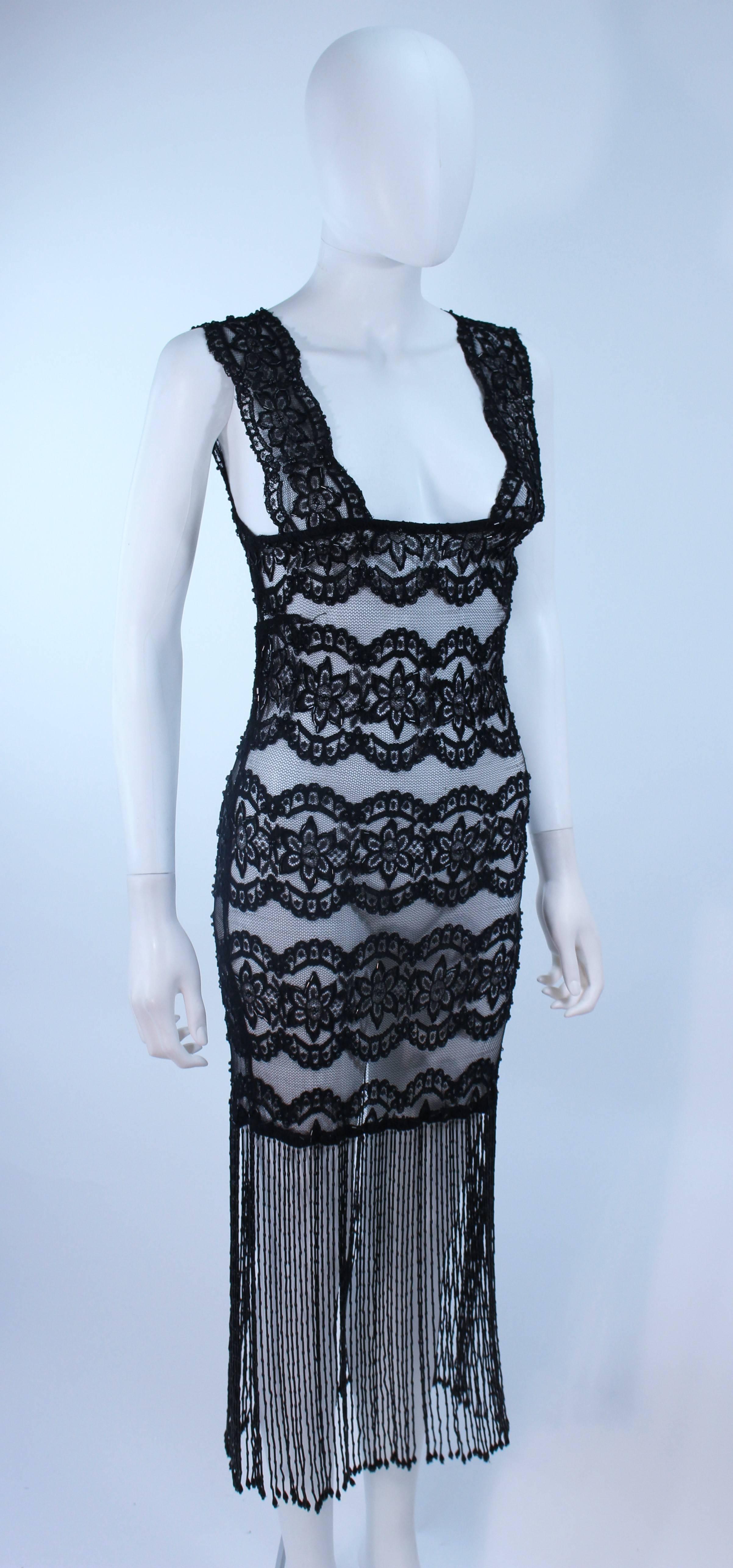 Custom Sheer Stretch Black Lace Dress with Fringe Size 2 4 1