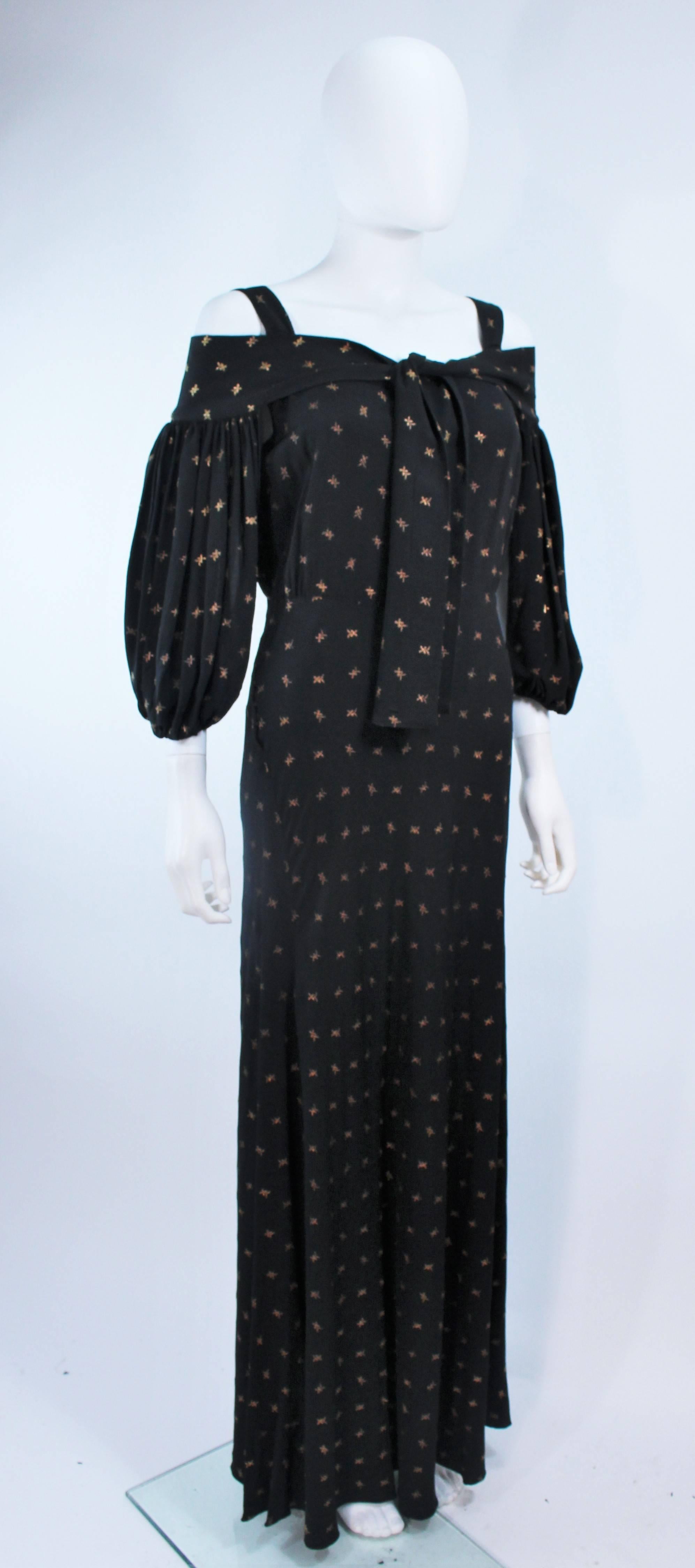 Women's Vintage 1930's Black and Gold Rayon Gown with Tie Front Size 6 For Sale