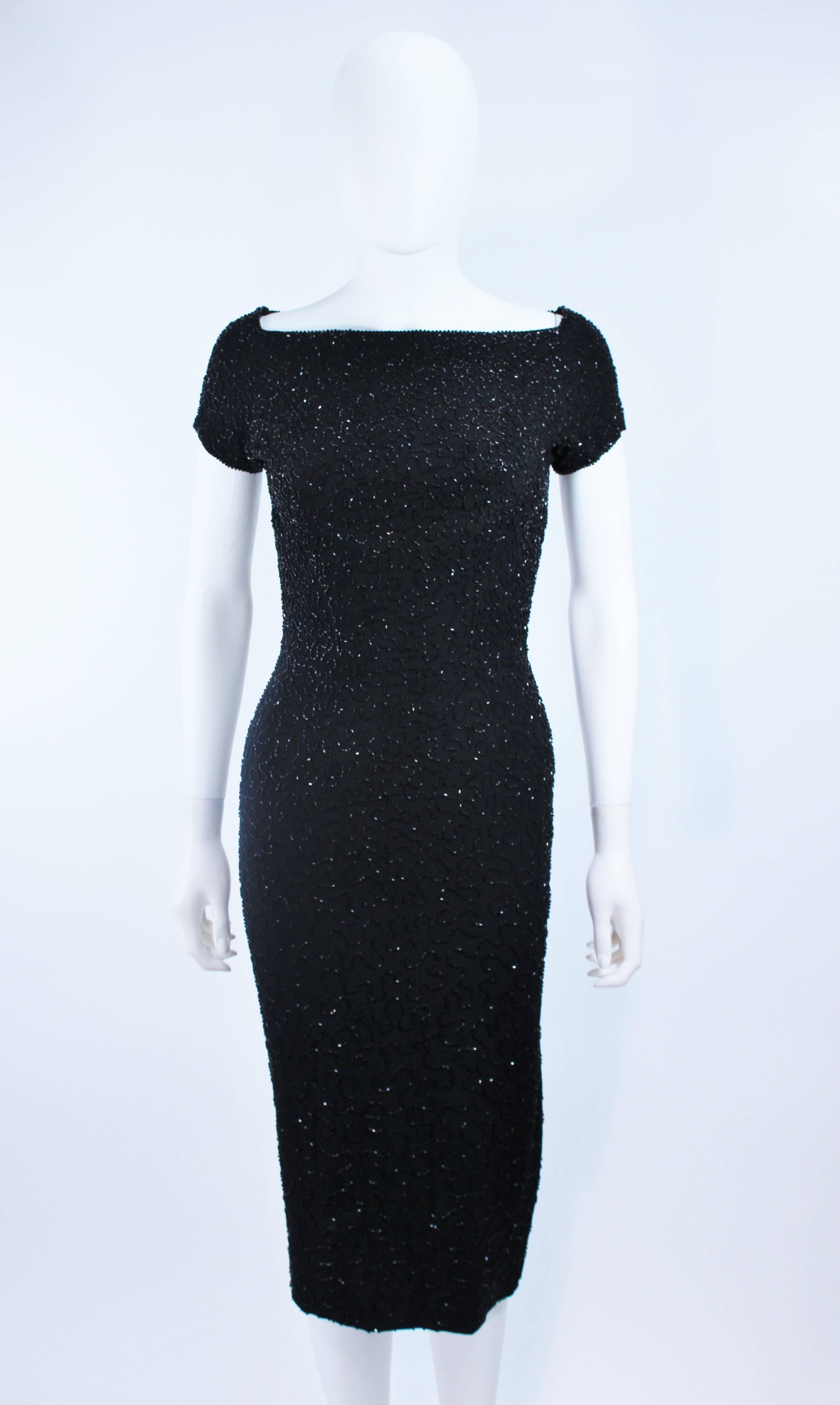CEIL CHAPMAN Black Beaded Cocktail Dress with Square Neckline Size 2 In Excellent Condition For Sale In Los Angeles, CA