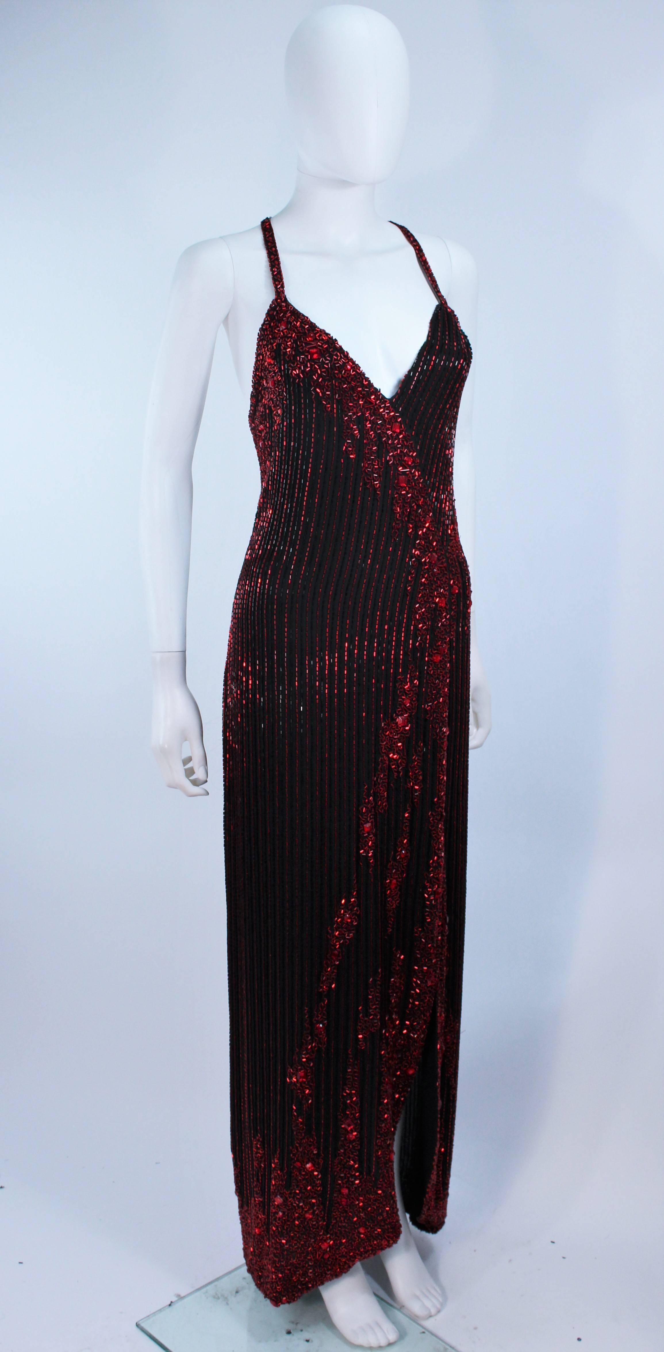 BOB MACKIE Red and Black Beaded Gown Size 8 In Excellent Condition For Sale In Los Angeles, CA