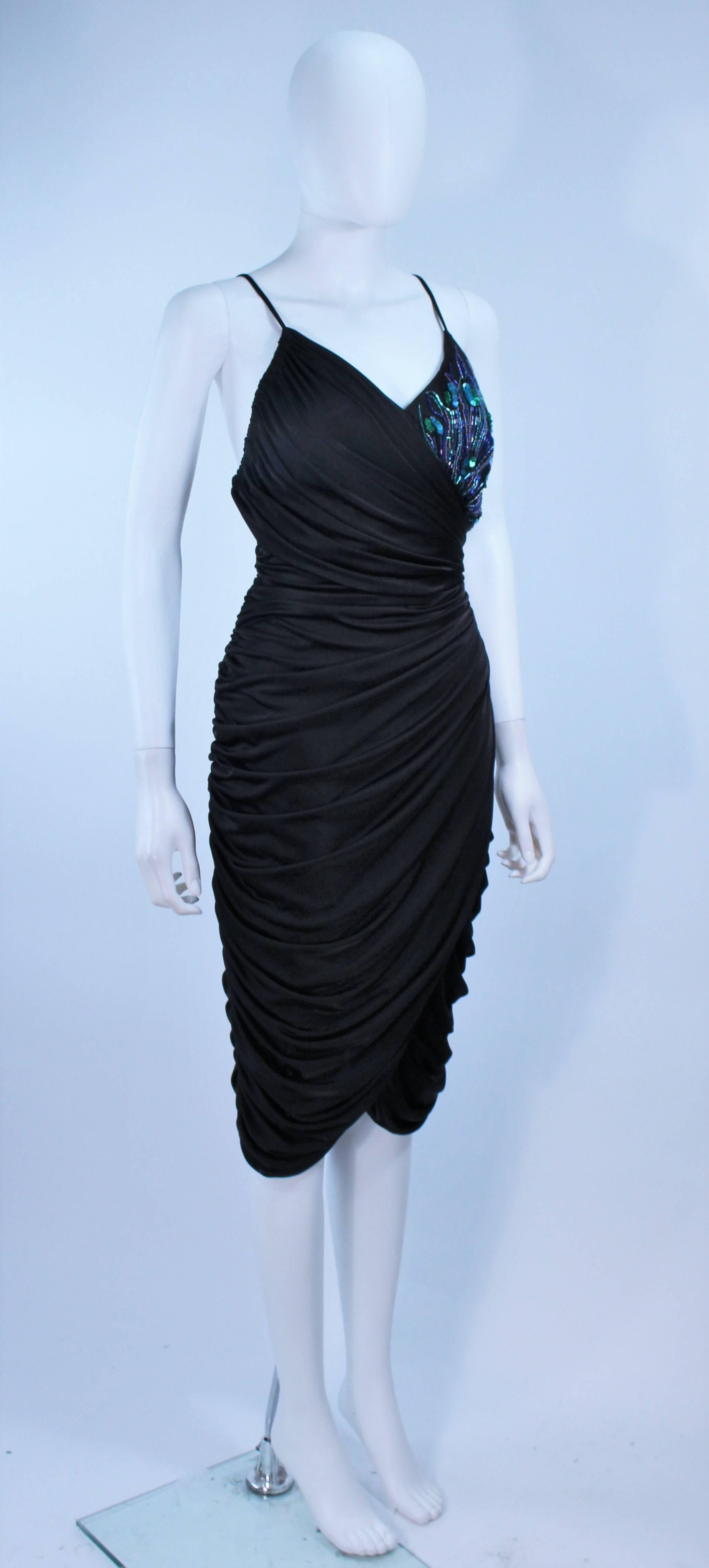ABBEY KENT Black Draped Jersey Cocktail Dress with Iridescent Sequin Applique 10 For Sale 1