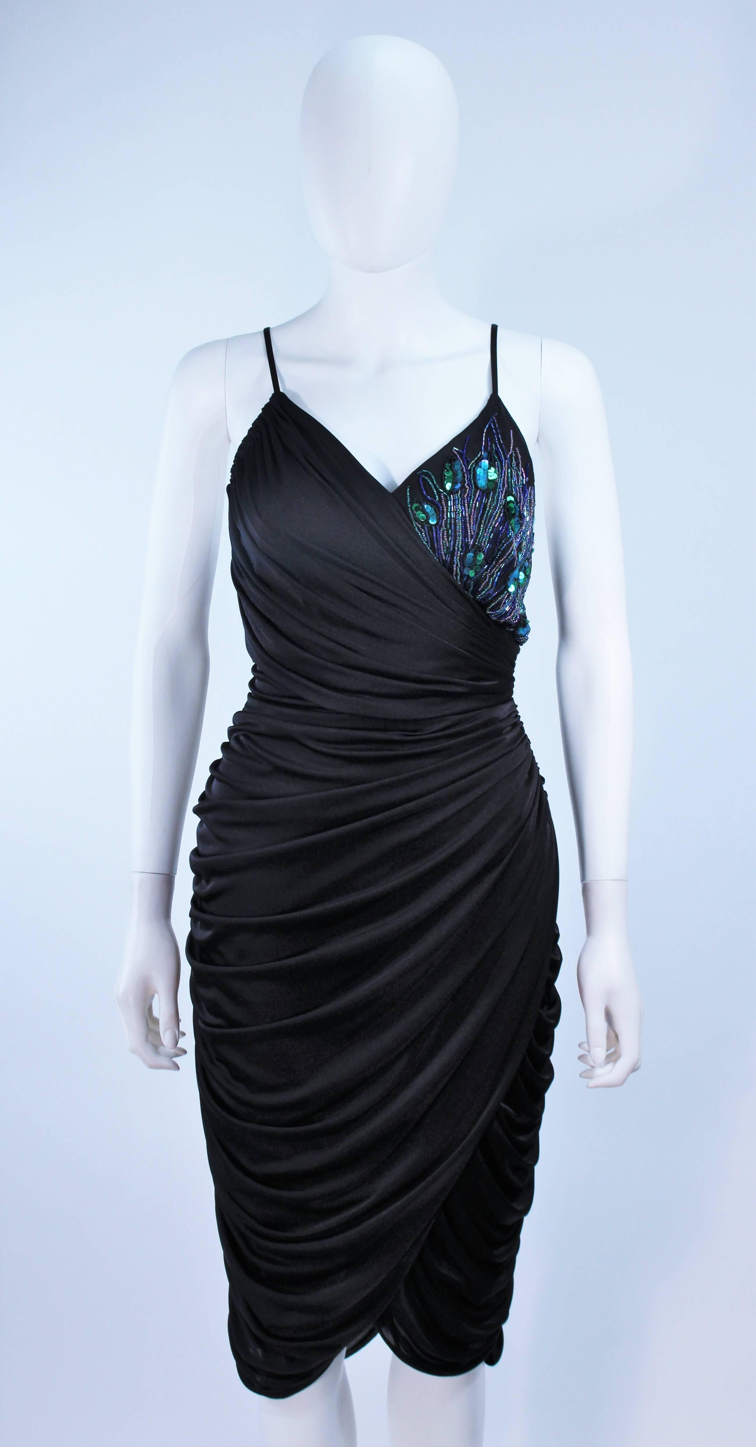 ABBEY KENT Black Draped Jersey Cocktail Dress with Iridescent Sequin Applique 10 In Excellent Condition For Sale In Los Angeles, CA