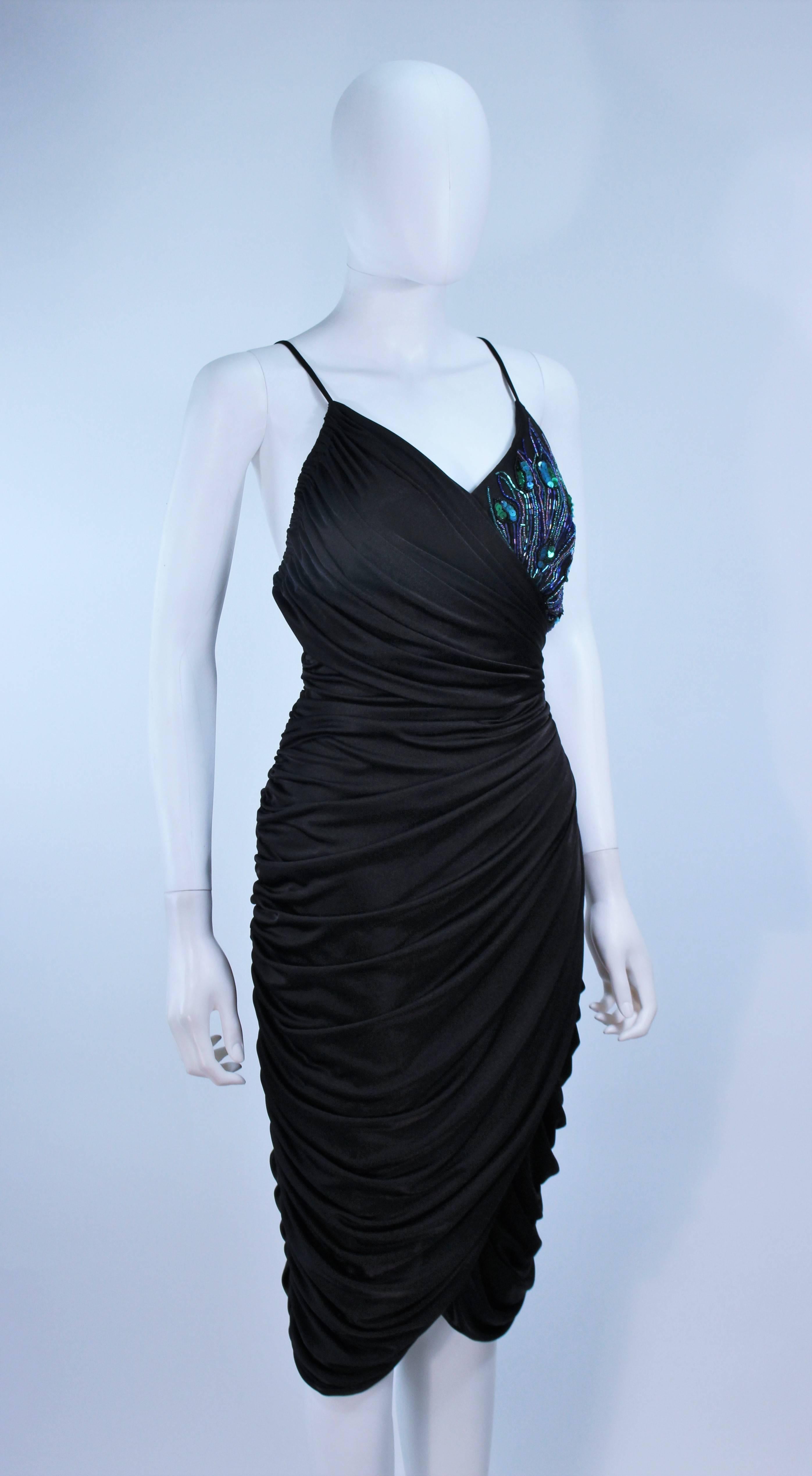 ABBEY KENT Black Draped Jersey Cocktail Dress with Iridescent Sequin Applique 10 For Sale 2