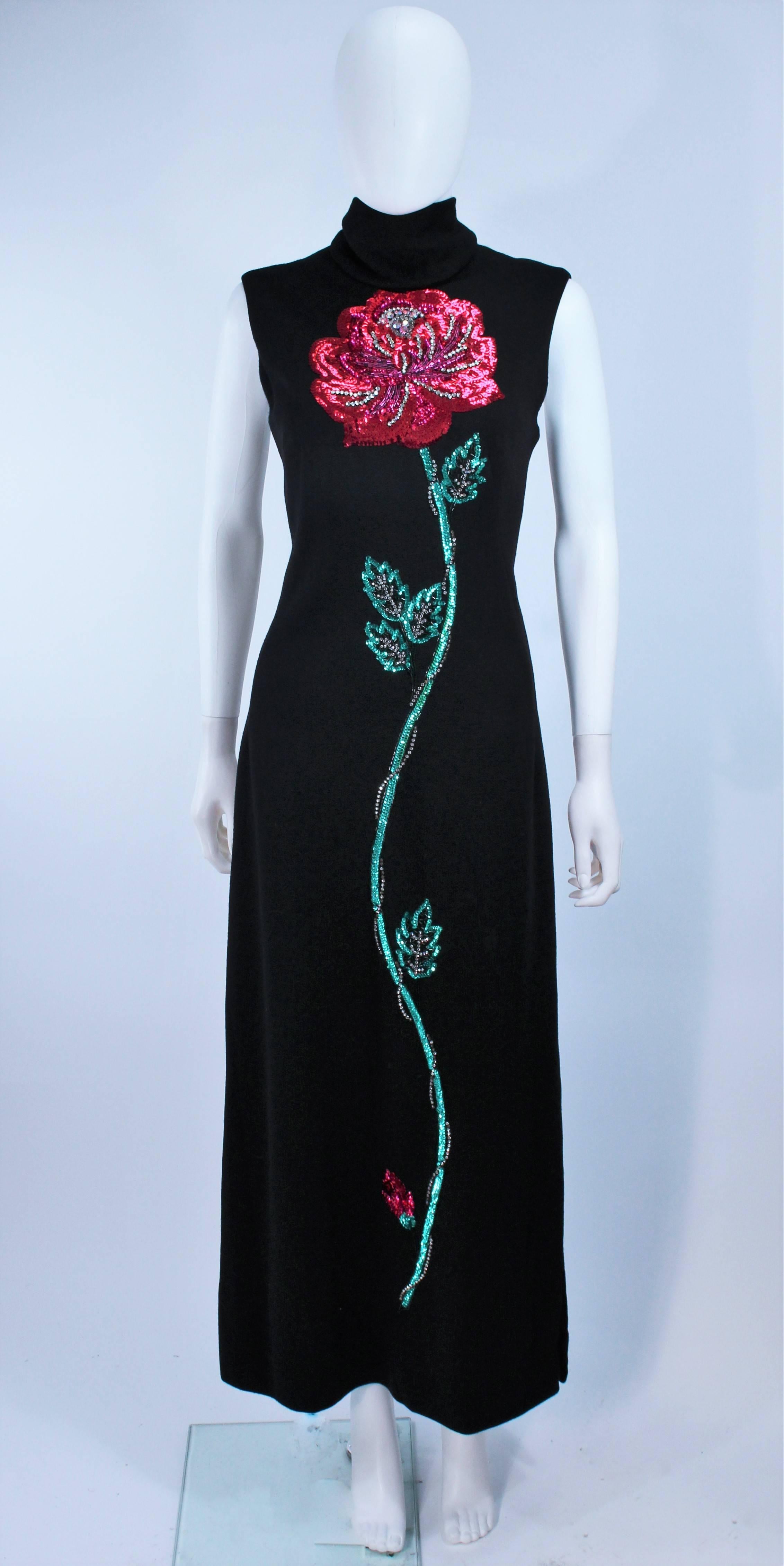 
 This gown is composed of an embellished black wool. Features a mock neck with center back zipper closure. Excellent vintage condition.

  **Please cross-reference measurements for personal accuracy. Size in description box is an