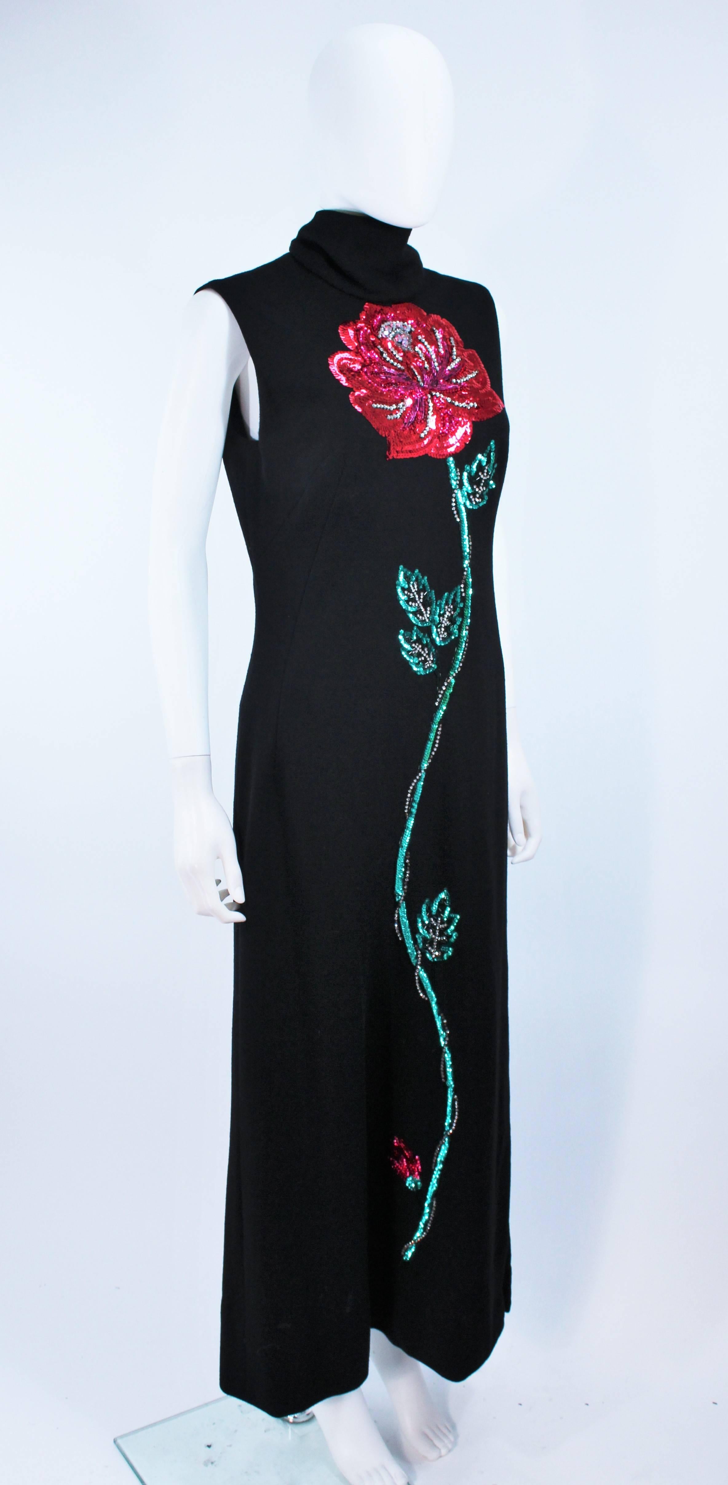 MR. BLACKWELL Wool Turtleneck Gown with Sequin Rose Applique Size 10 In Excellent Condition In Los Angeles, CA