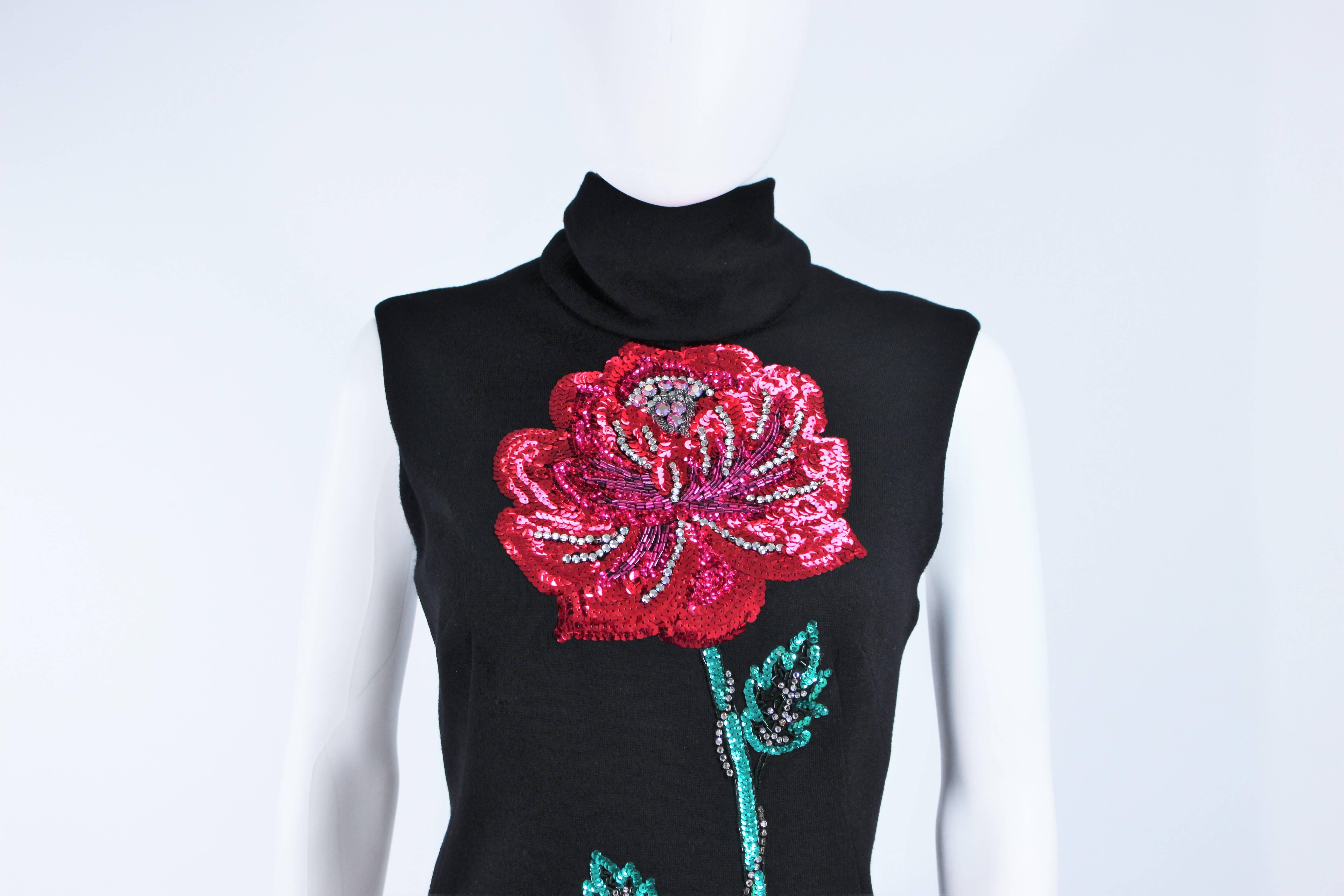 Black MR. BLACKWELL Wool Turtleneck Gown with Sequin Rose Applique Size 10