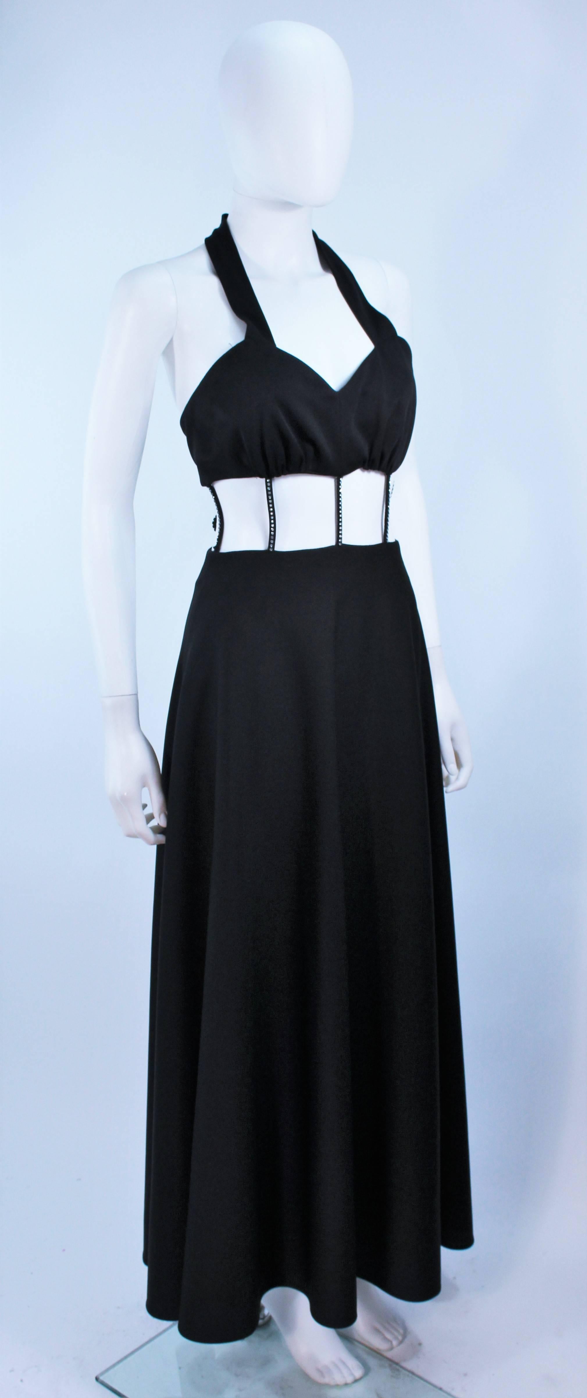 Vintage 1970's Black Jersey Maxi Gown with Cutout Rhinestone Column Size 2 4 For Sale 1